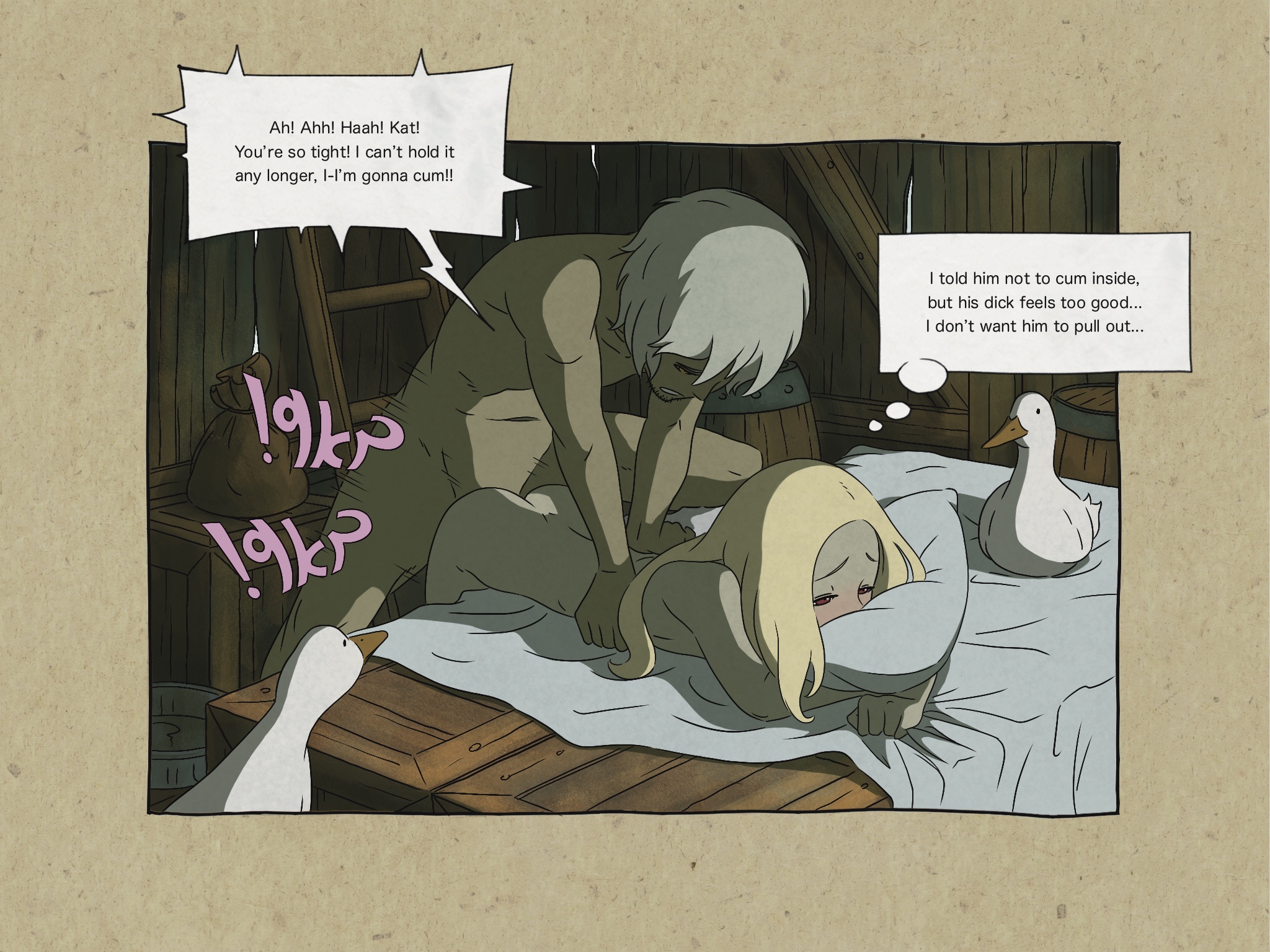 1boy, 1girls, ass, bed sheet, blonde hair, blush, breasts, doggy style, duck, female, fucked from behind, gravity rush, gravity rush 2, hugging pillow, kat (gravity rush), male, navel, nude, red eyes, sex, sideboob, syd (gravity rush), text, white hair