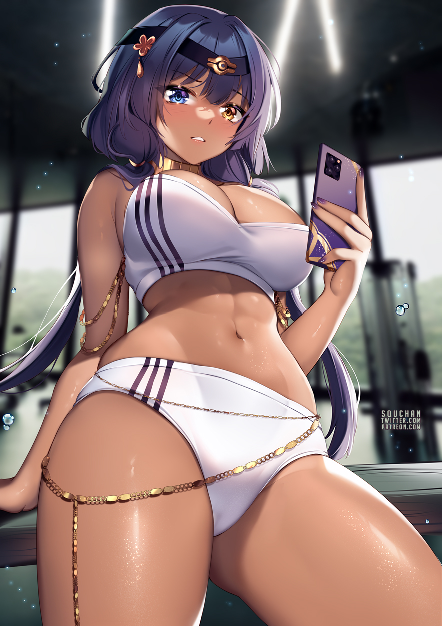 1girls, abs, artist signature, belly button, bloomers, breasts, brown skin, buruma, candace (genshin impact), dark skin, dark-skinned female, female, fit, fit female, genshin impact, heterochromia, holding object, large breasts, navel, phone, purple eyes, purple hair, selfie, sports bra, sportswear, squchan, toned, toned female, twintails, watermark, yellow eyes