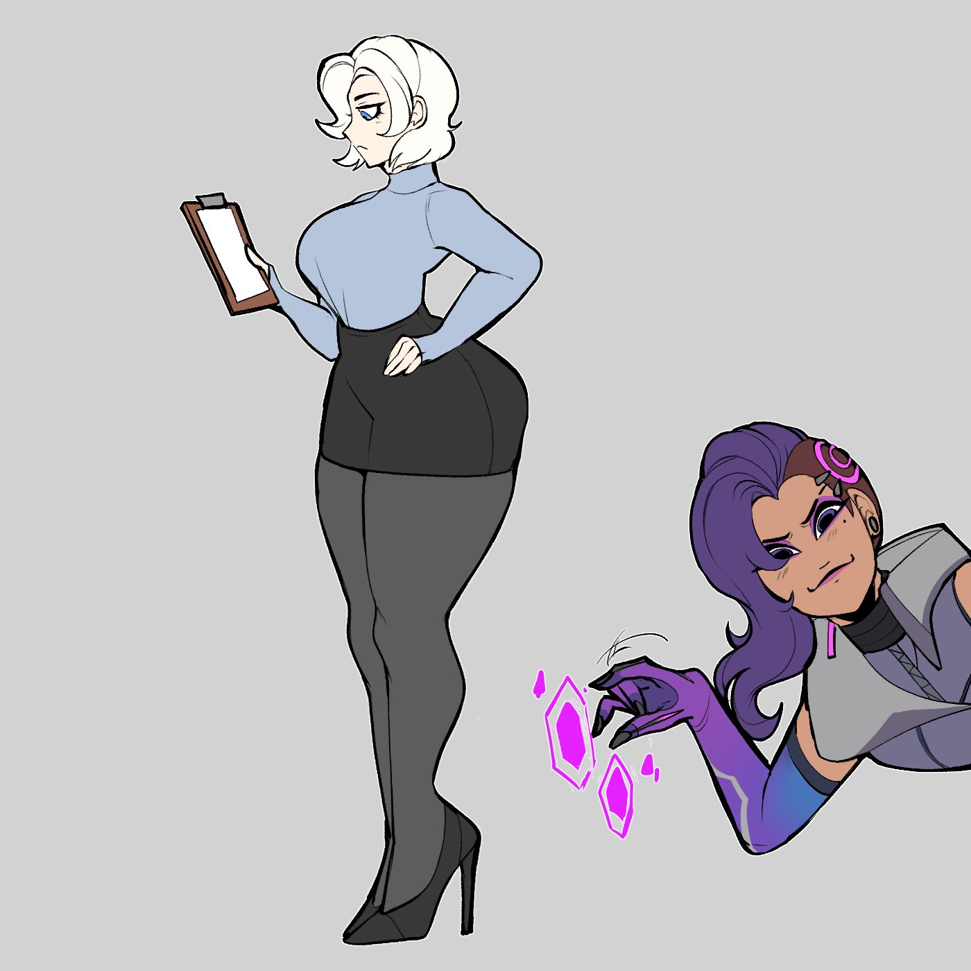 2girls, ass, ass expansion, big ass, blue eyes, bluueygooey, breasts, female, female only, high heels, large breasts, mercy, mercy (overwatch 2 suit), multiple females, multiple girls, office clothing, office lady, overwatch, overwatch 2, pantyhose, skirt, solo focus, sombra, sombra (overwatch 2 suit), white hair