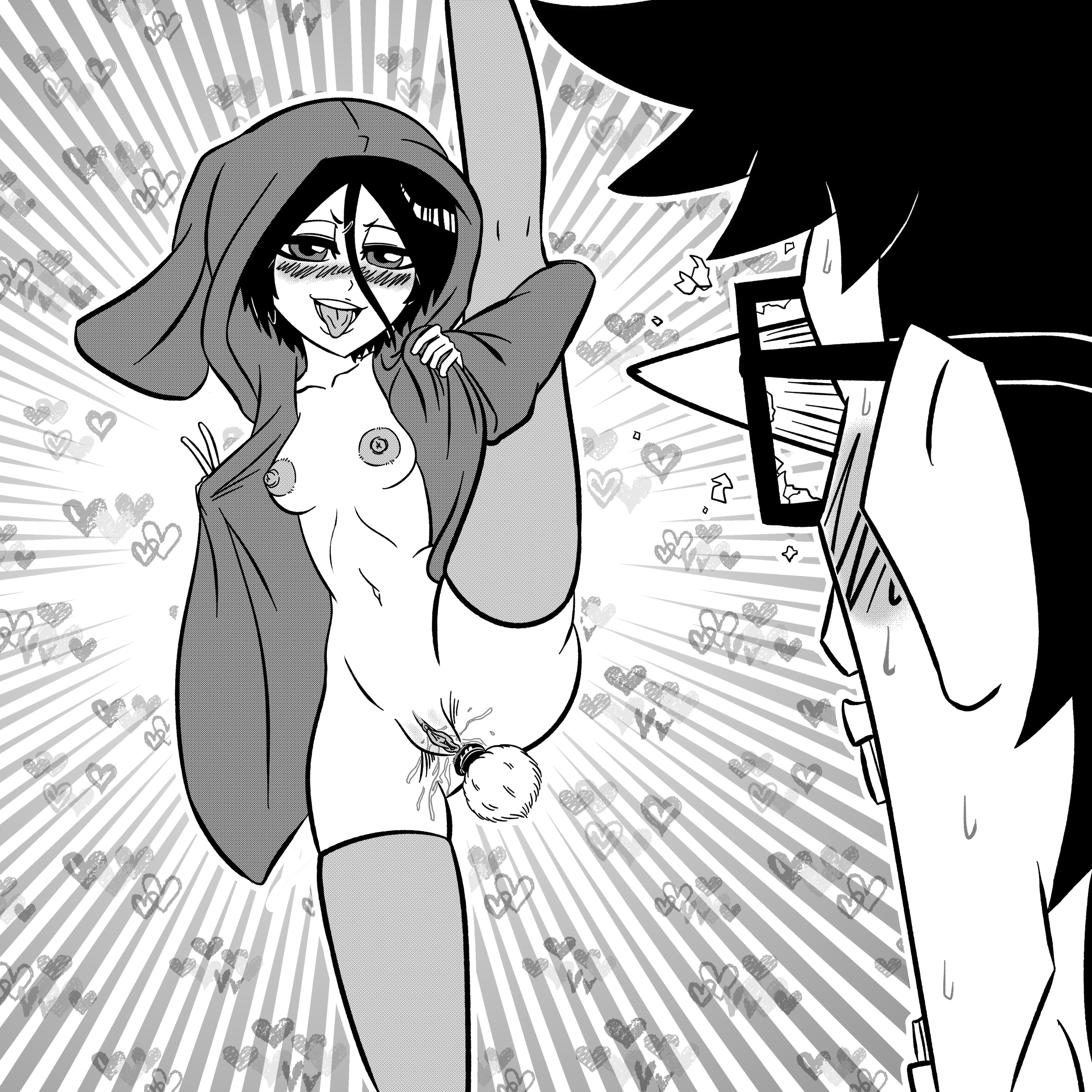 1boy, 1girls, alternate version at source, anal tail, bleach, breasts, coffeetheseeker, elotch brown (coffeetheseeker), female, flashing, flashing pussy, hoodie, inviting, inviting to sex, kuchiki rukia, leg up, legwear, male, monochrome, original character, pussy, self upload, sex toy, small breasts, surprised, surprised expression, thighhighs, wet pussy
