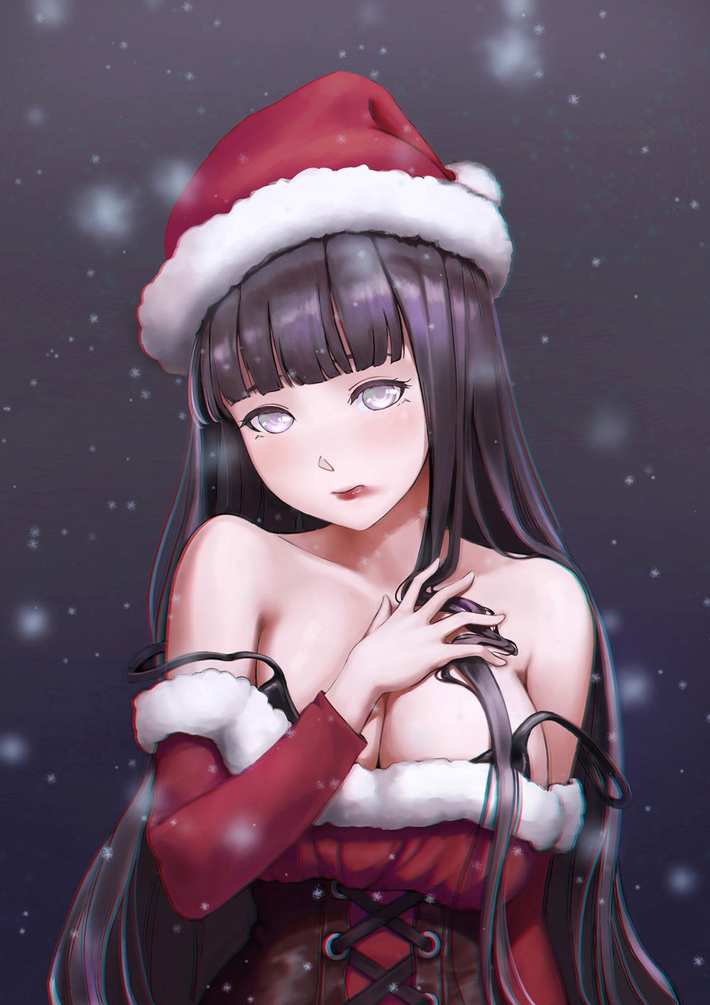 1girls black_bra black_hair bra breasts brown_corset c-eye christmas christmas_outfit corset dress hand_on_chest hyuuga_hinata large_breasts lavender_eyes long_hair looking_at_viewer naruto naruto_shippuden santa_dress santa_hat snowing