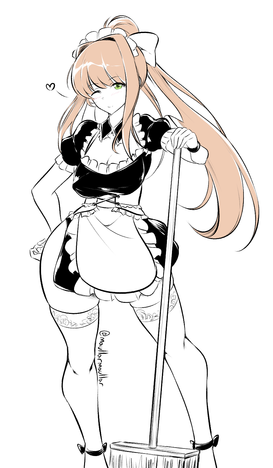 1girls, apron, bow in hair, breasts, broom, brown hair, cleavage cutout, detached collar, doki doki literature club, female, green eyes, high heels, maid, maid apron, maid headdress, maid uniform, maullarmaullar, medium breasts, monika (doki doki literature club), ponytail, side slit, thighhighs, white bow, winking, winking at viewer