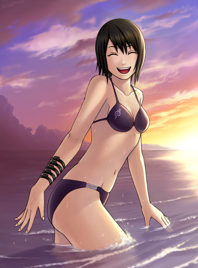 :d, ^ ^, 1girls, bikini, black bikini, closed eyes, cloud, cowboy shot, female, happy, happy female, having fun, konohagakure symbol, naruto, naruto (series), naruto shippuden, navel, ocean, open mouth, shizune, sky, smile, solo, sunset, swimsuit, tk (tk's level4), wading, water, wet