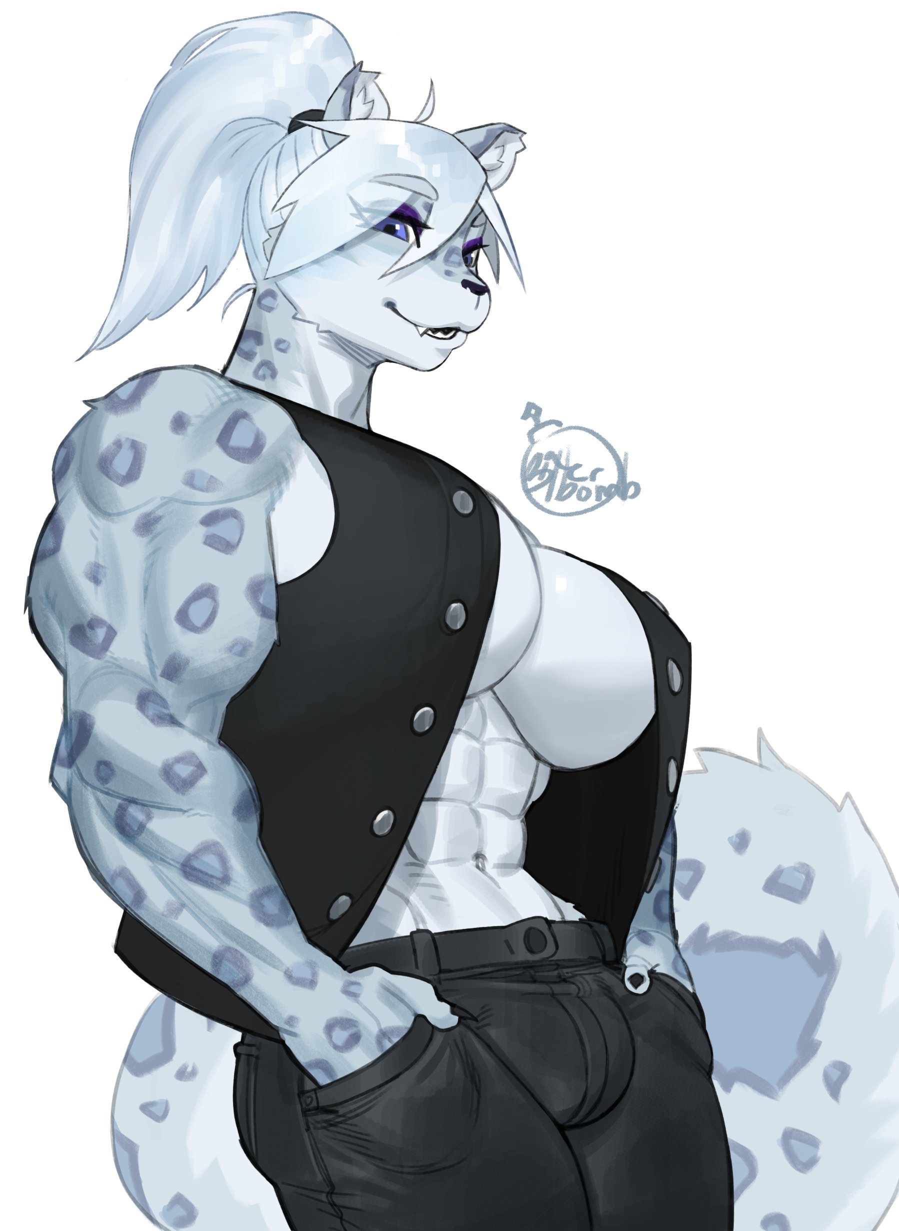 1futa, anthro, big breasts, blue eyes, breasts, commission, futa only, futanari, hands in pockets, hi res, inner sideboob, intersex, leopard ears, leopard print, leopard tail, leotard, long hair, looking at viewer, muscular, muscular futa, open clothes, pantherine, pants, penis, penis bulge, ponytail, rikki landon, side view, smiling, smiling at viewer, snow leopard, solo, sweet dynamite, tail, trans woman, transfem, white background, white hair