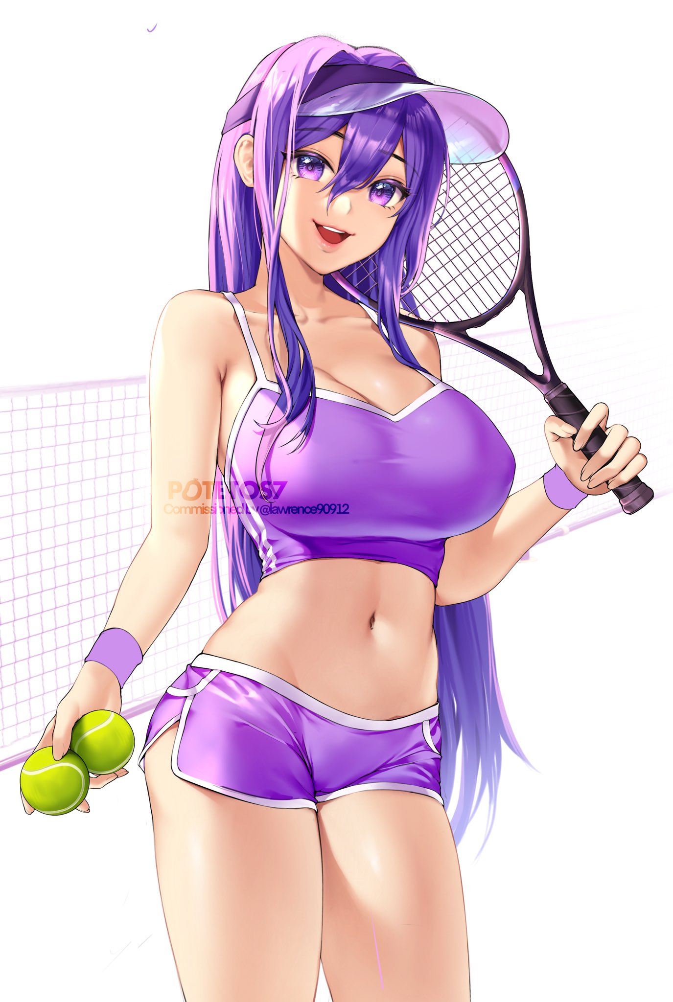 1girls cap doki_doki_literature_club female hat holding_object holding_tennis_balls holding_tennis_racket looking_at_viewer open_mouth potetos7 purple_eyes purple_hair purple_shorts purple_top smile smiling smiling_at_viewer solo tennis tennis_ball tennis_racket tennis_uniform yuri_(doki_doki_literature_club)