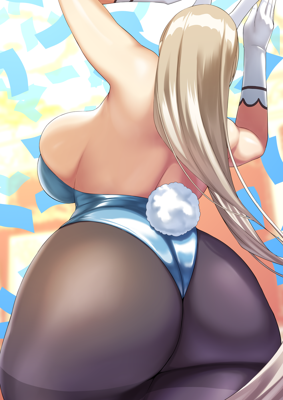 1girls arms_up ass asuna_(blue_archive) asuna_(bunny)_(blue_archive) back_view blonde_hair blue_archive breasts bunnysuit bursting_breasts clothing female female_only fully_clothed huge_ass pantyhose sideboob solo solo_female yu02j0