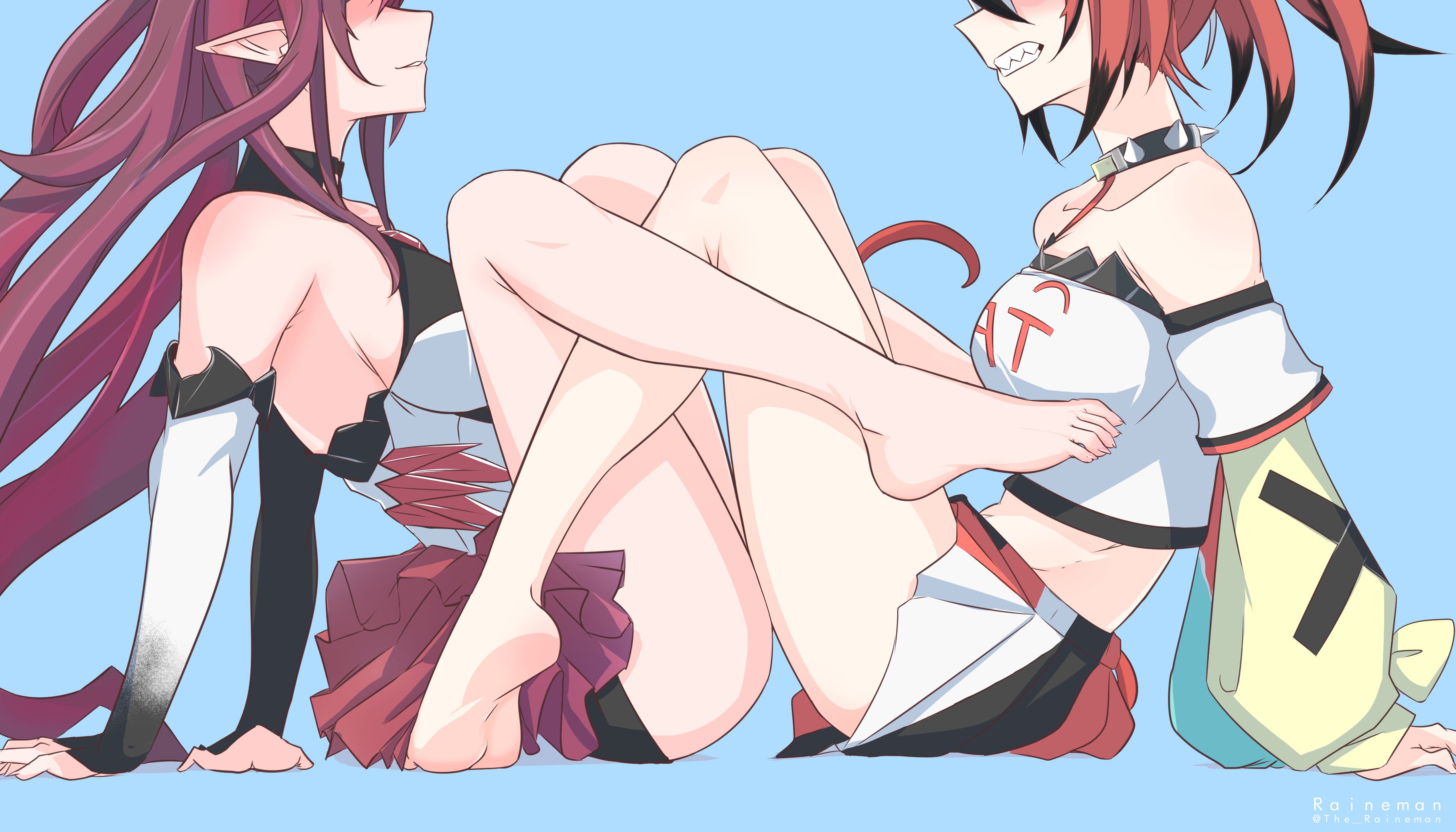 2girls, barefoot, black panties, breasts, clothed, female, female only, hakos baelz, hakos baelz (1st costume), hololive, hololive english, hololive english -council-, hololive english -promise-, irys, irys (hololive), long ears, long hair, panties, pantyshot, side view, sideboob, the raineman, virtual youtuber, yuri