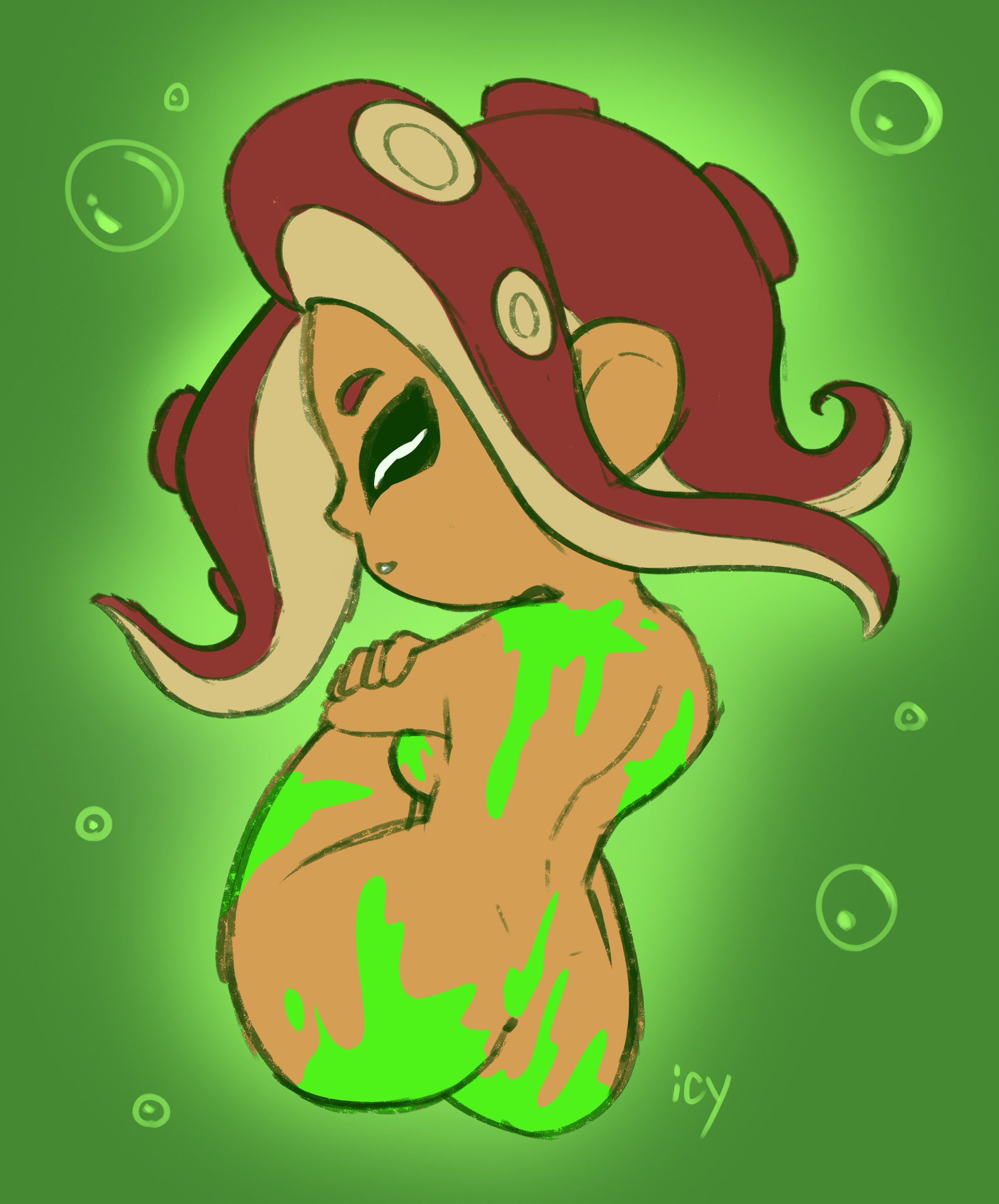 1girls, agent 8 (octo expansion), agent 8 (splatoon), animal humanoid, ass, backboob, breasts, cephalopod, cephalopod humanoid, closed eyes, dark skin, dark-skinned female, female, green body, green goo, ink, iseenudepeople, nintendo, octoling, octoling girl, red hair, sanitized (splatoon), sleeping, splatoon, splatoon 2, splatoon 2: octo expansion, stasis tank, tentacle hair, wide hips