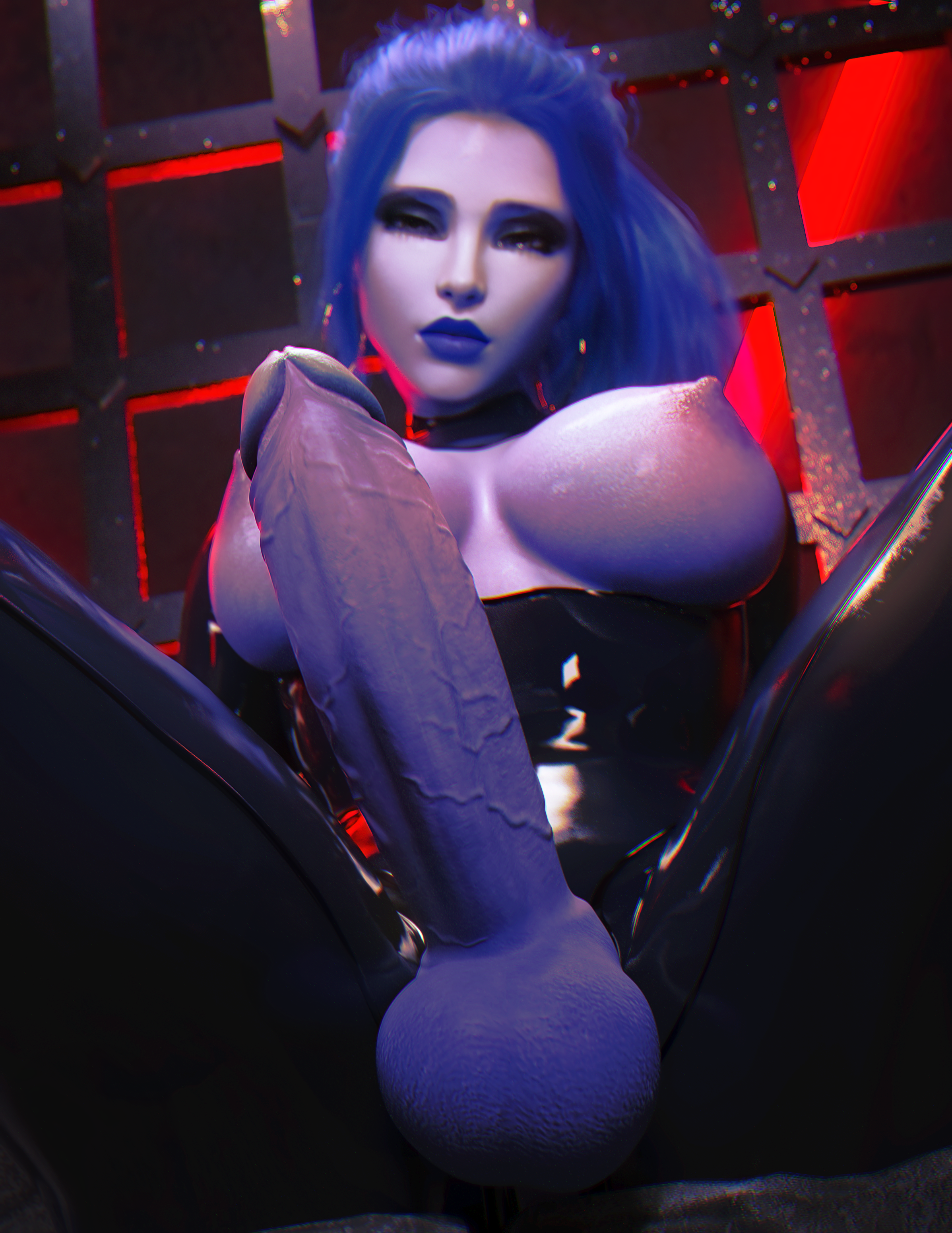 1futa, 3d, areolae, balls, big breasts, big penis, blizzard entertainment, breasts, dominatrix, futa only, futanari, highres, intersex, latex, looking at viewer, low-angle view, makeup, milapone, nipples, overwatch, penis, solo, solo futa, tagme, taker pov, testicles, veiny penis, widowmaker