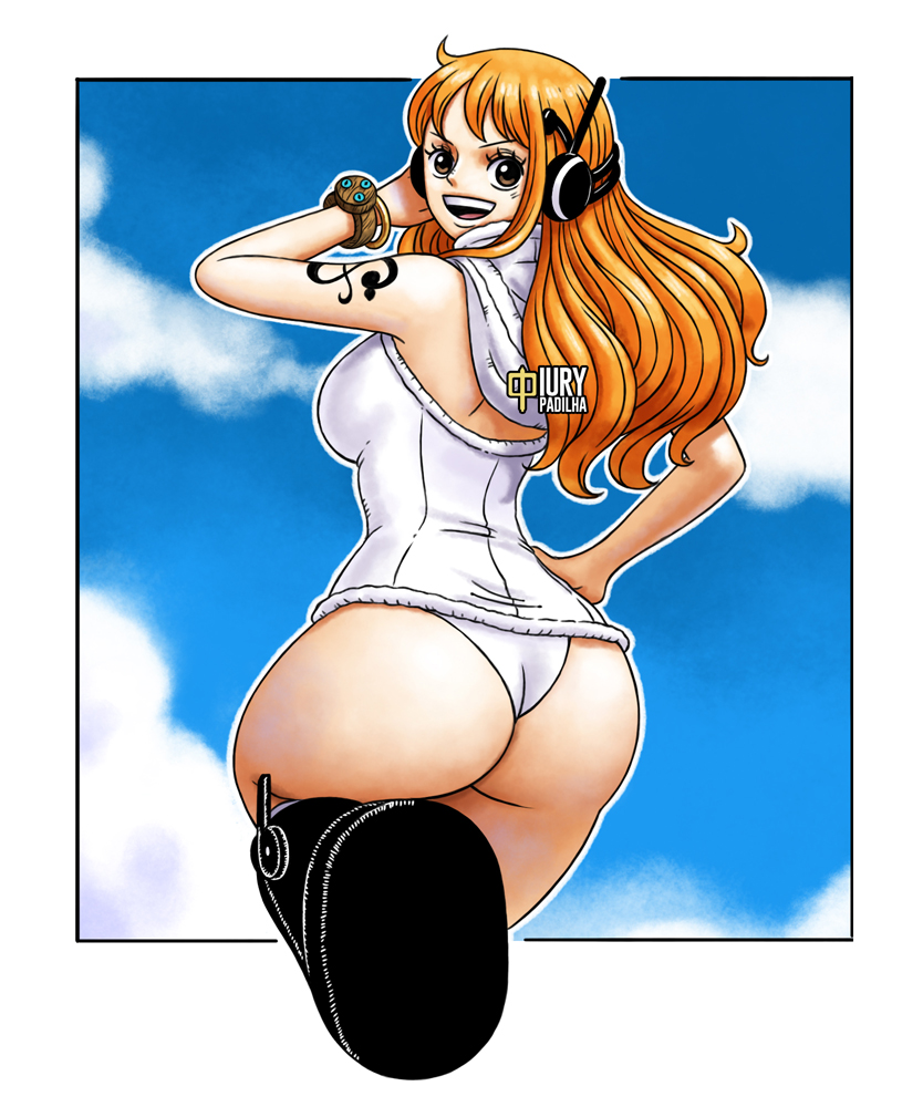 1girls ass ass_focus boots busty curvy dat_ass egghead female female_only iury_padilha log_pose looking_at_viewer looking_back nami no_pants one_piece orange_hair post-timeskip skimpy skimpy_clothes solo tattoo thick_thighs