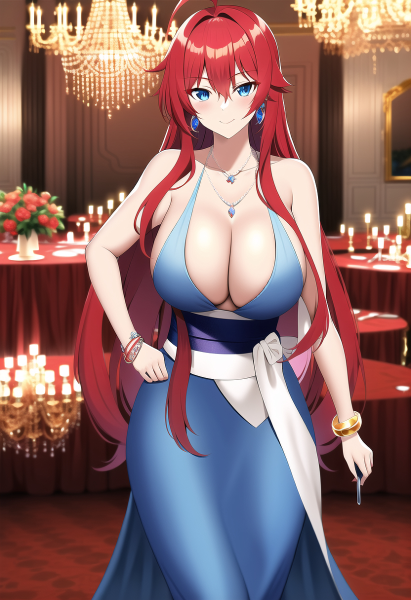 1girls, ahoge, ai generated, big breasts, blue eyes, blush, bracelet, bracelets, breasts, cleavage, clothed, clothing, dress, earrings, eyebrows visible through hair, female, female only, hand on hip, high school dxd, huge breasts, human, light skin, light-skinned female, long hair, looking at viewer, nai diffusion, necklace, pixiv, red hair, rias gremory, room, smile, smiling, smiling at viewer, stable diffusion, sutatenken, table, thin eyebrows, white body, white skin