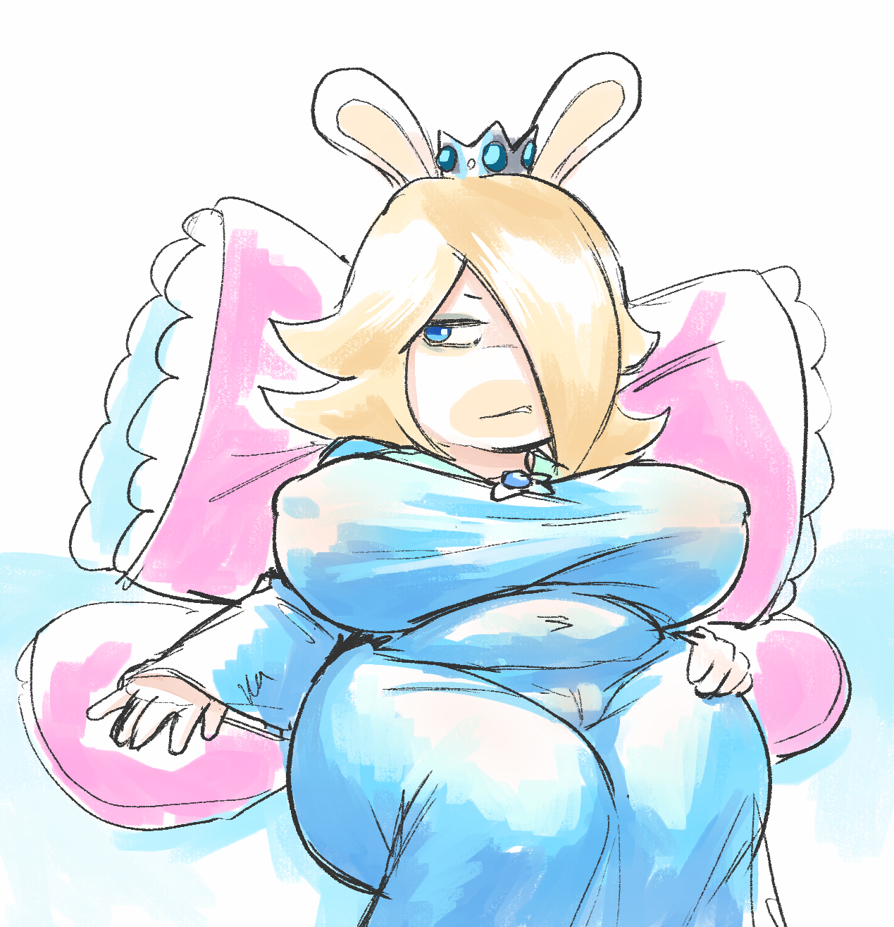 annoyed, box chan, breasts, cameltoe, crown, female, hair, hair over one eye, hand on hip, huge breasts, lagomorph, lagomorph humanoid, looking to the side, mario (series), mario + rabbids, mario + rabbids: sparks of hope, nintendo, nipple bulge, nipples, no humans, pillow, pussy, rabbid, rabbid rosalina, rabbit ears, rabbit humanoid, raving rabbids, sitting, ubisoft, vagina, vagina visible through clothing, video games