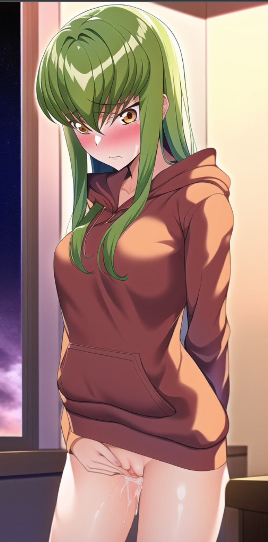 1girls, artist request, blushing, bottomless, c.c., clothing, code geass, embarrassed, eyebrows visible through hair, female, female focus, female only, green hair, jacket, masturbation, pussy, solo, solo female, solo focus, sweatshirt, tagme, yellow eyes