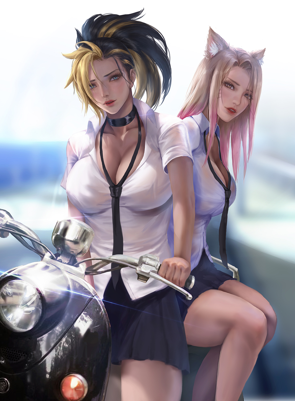 2girls, ahri, akali, asian, asian female, big breasts, breasts, cleavage, female, female only, k/da ahri, k/da all out ahri, k/da all out akali, k/da all out series, k/da series, league of legends, light skin, light-skinned female, motorcycle, multiple females, multiple girls, school uniform, schoolgirl, short skirt, tie, xixi