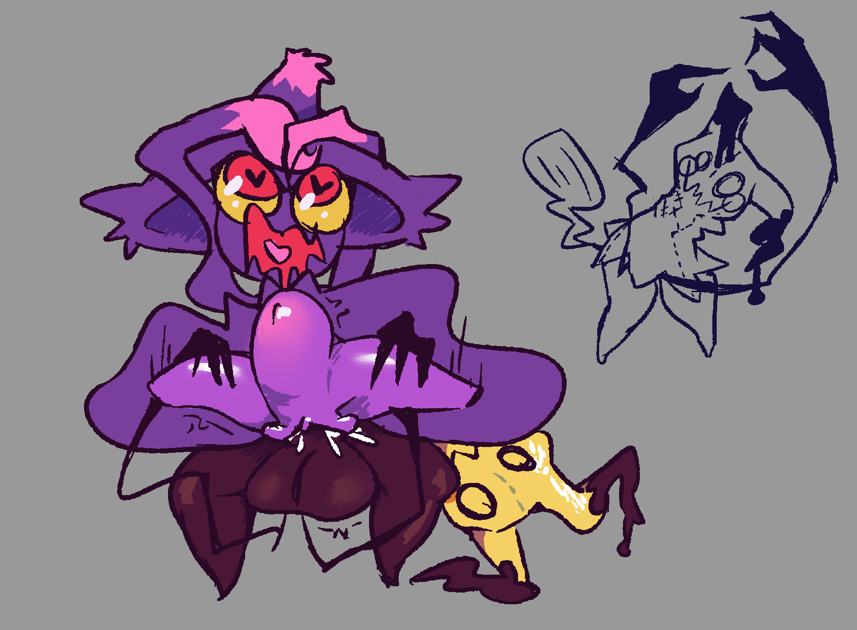 <3 eyes, anthro, balls, bodily fluids, bottomless, clothed, clothing, cum, dress, duo, female, from behind position, generation 4 pokemon, generation 7 pokemon, genital fluids, genitals, gesture, ghost, hand on head, hands on legs, hat, headgear, headwear, heart, hi res, humanoid, male, male/female, mimikyu, mismagius, nintendo, penetration, pointing, pokemon, pokemon (species), purple body, pussy, sex, simple background, spirit, stomach bulge, thatguynamedjoe, traditional media (artwork), vaginal penetration, video games