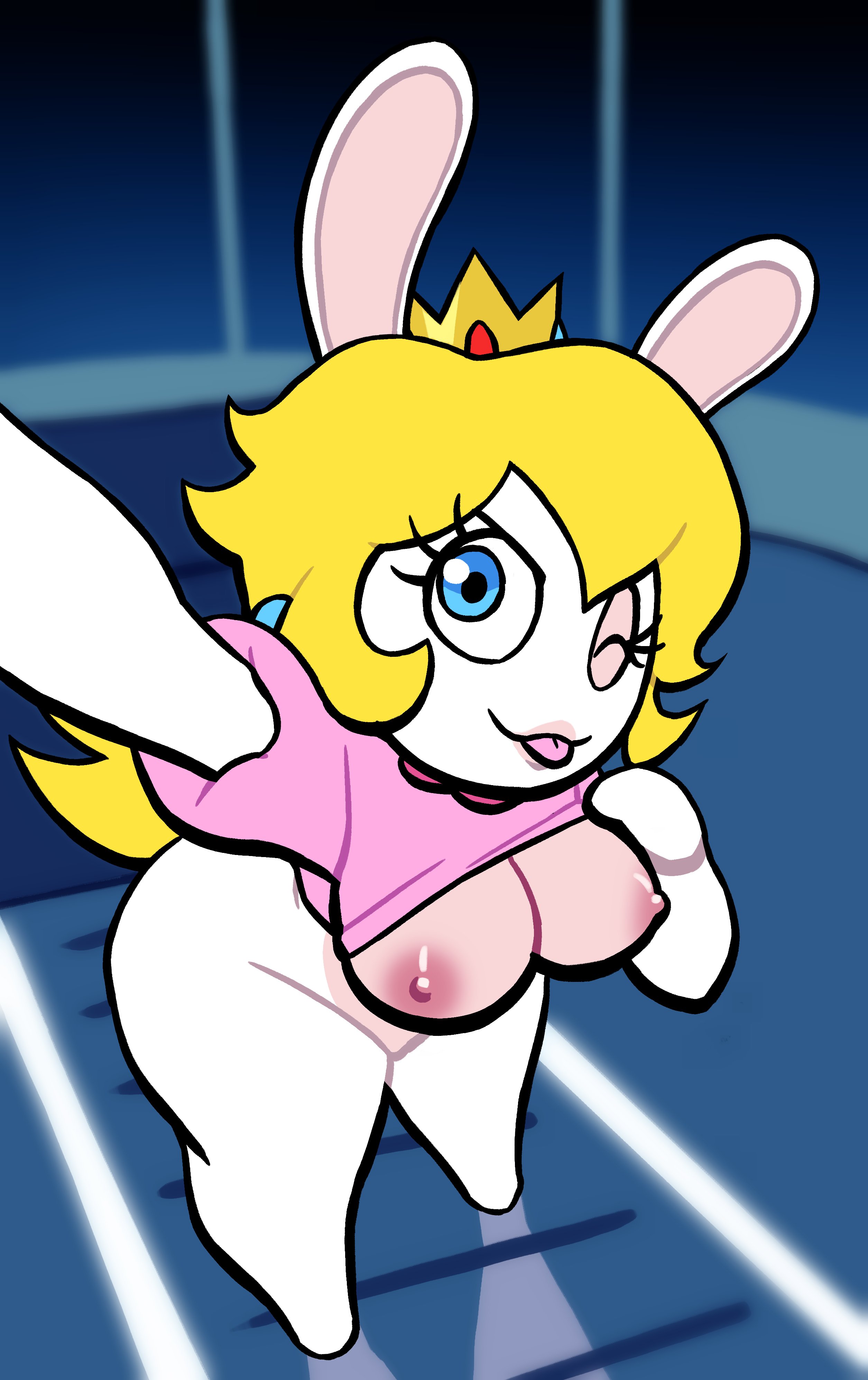 areola, areolae, breasts, female, flashing, flashing breasts, lagomorph, lagomorph humanoid, lovetopullmicke, mario (series), mario + rabbids, mario + rabbids: sparks of hope, nintendo, nipples, no humans, partially clothed, rabbid, rabbid peach, raving rabbids, selfie, shirt, solo, thighs, ubisoft, video games, winking, winking at viewer