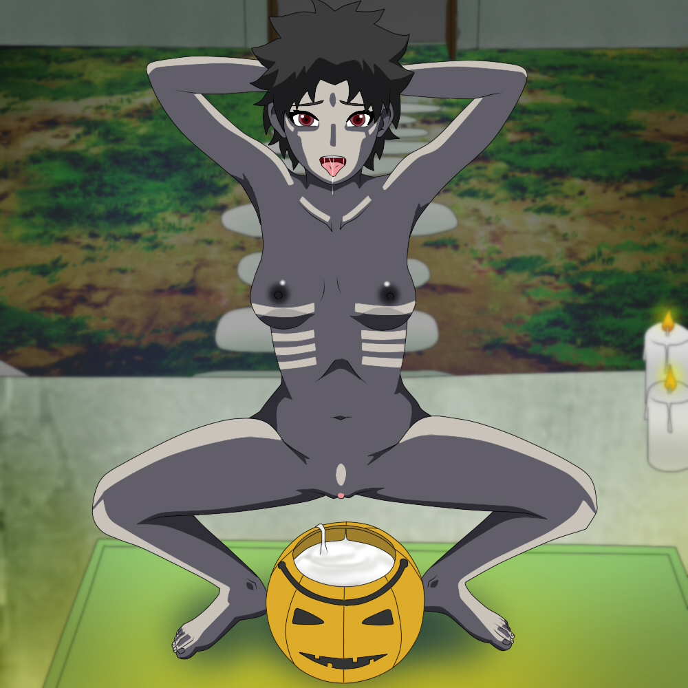 1girls, arms behind head, arms up, barefoot, black hair, bodypaint, boruto: naruto next generations, breasts, completely nude, cum, excessive cum, feet, female, female only, hidan (cosplay), looking at viewer, makeup, naked, naruto, naruto (series), nipples, nude, paint, presenting, presenting self, pumpkin, pumpkin head, rantuahelax, red eyes, sarutobi mirai, short hair, solo, solo focus, spread legs, squatting, toes, trick or treat