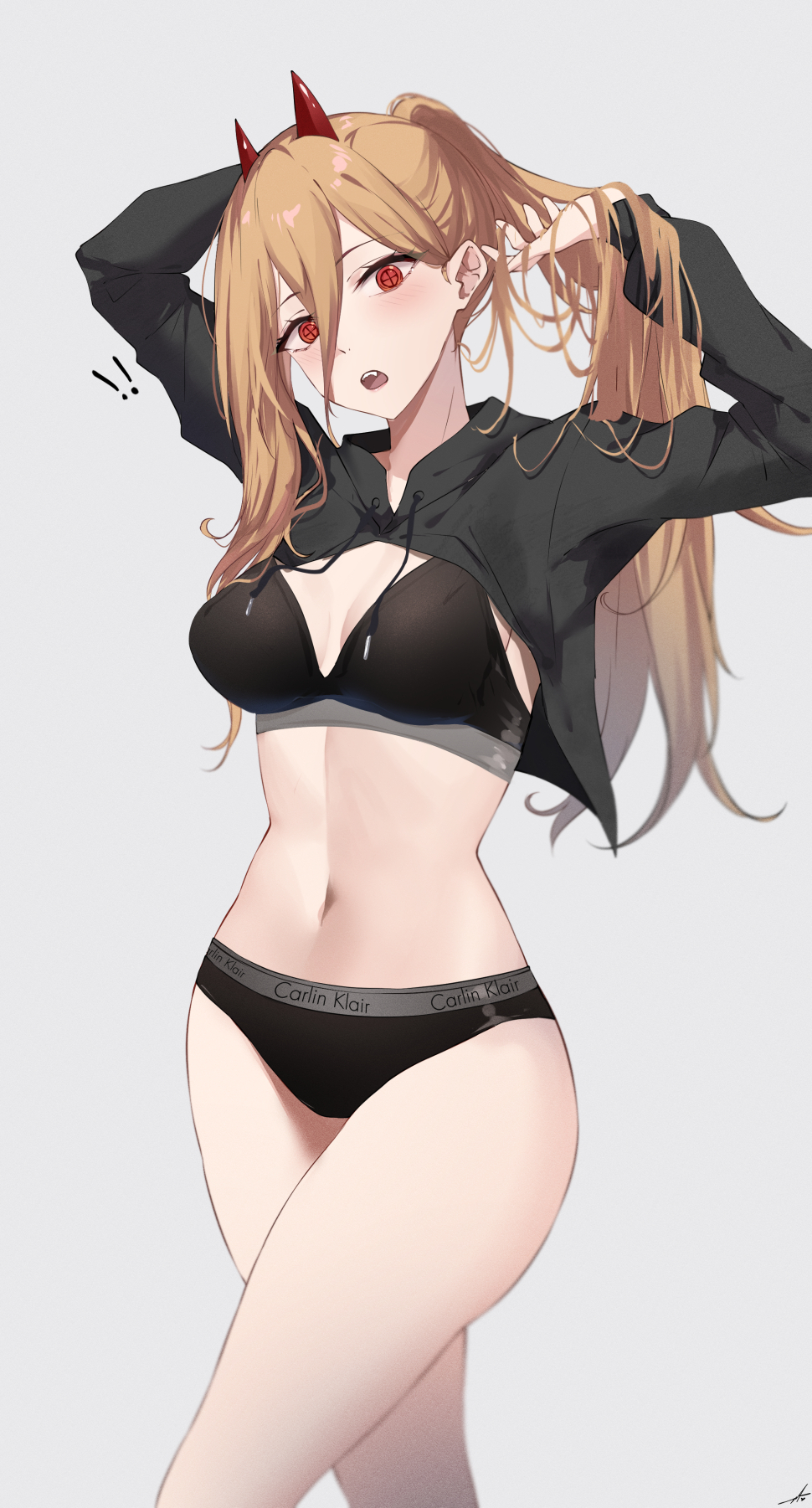 bikini, blonde female, blonde hair, breasts, calvin klein, chainsaw man, feintheart721, female, hoodie, horns, long hair, long sleeves, medium breasts, power (chainsaw man), surprised, surprised expression, thighs