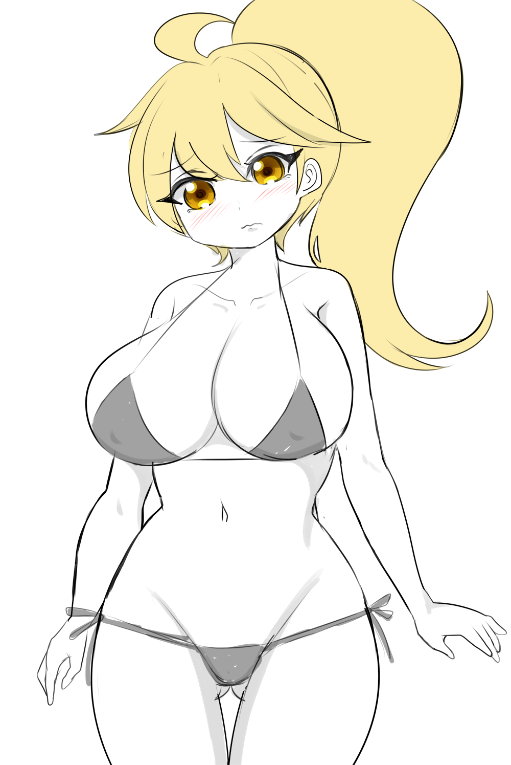 aged_up ahoge alternate_breast_size amber_eyes ass_visible_through_thighs bashful bikini black_and_white black_swimsuit blank_background blonde_hair blush cleavage covered_nipples huge_breasts narrow_waist navel petrusamato pokemon pokemon_(manga) pokemon_adventures ponytail shy side-tie_bikini wide_hips yellow_(pokemon)