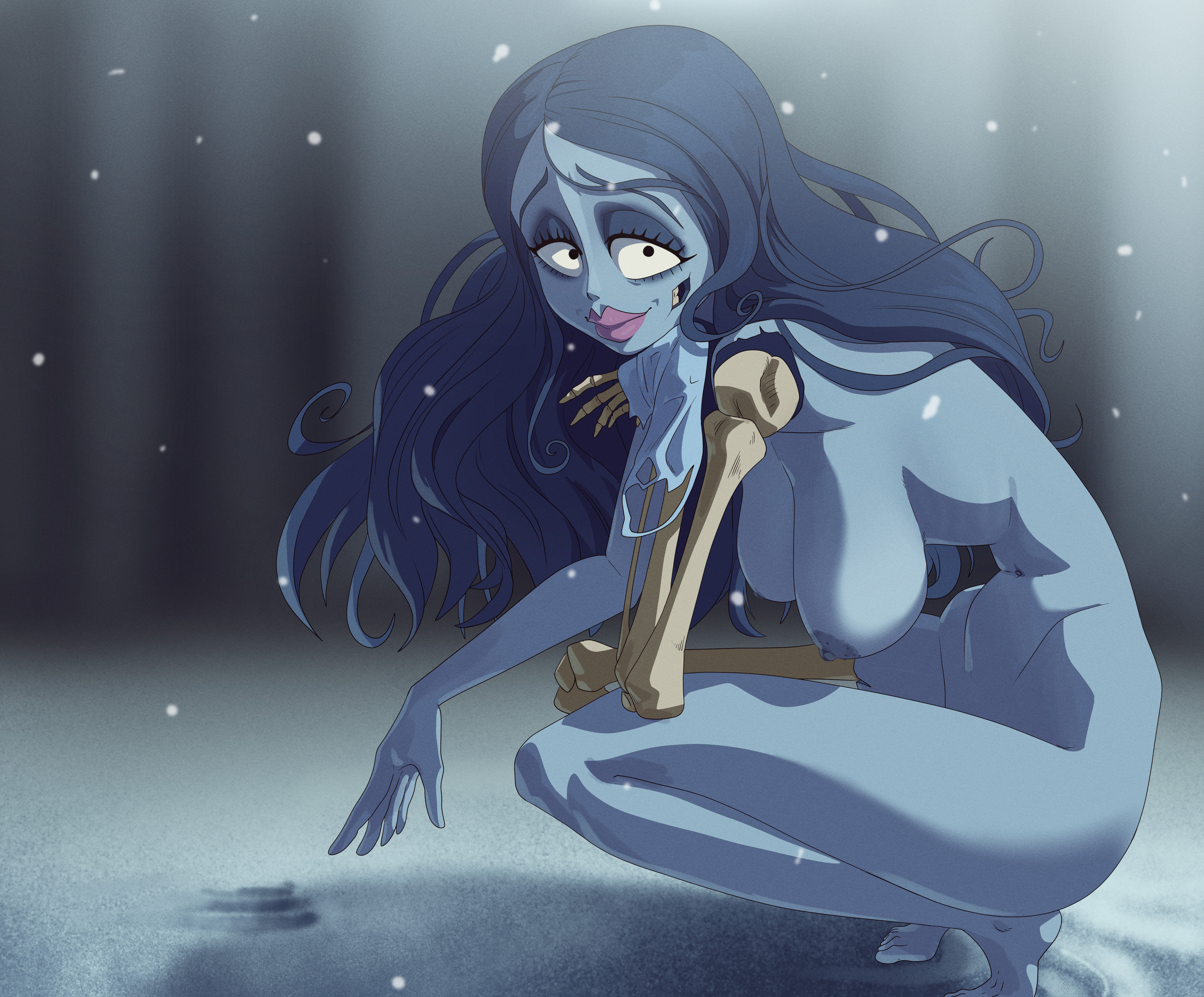 1girls, 2d, areolae, ass, big breasts, blue body, blue hair, blue skin, breasts, coolerinker, corpse bride, emily (corpse bride), female, female only, hanging breasts, high resolution, inker comics, inkershike, monster girl, nipples, smile, solo, solo female, squatting, tagme, visible skeleton, zombie