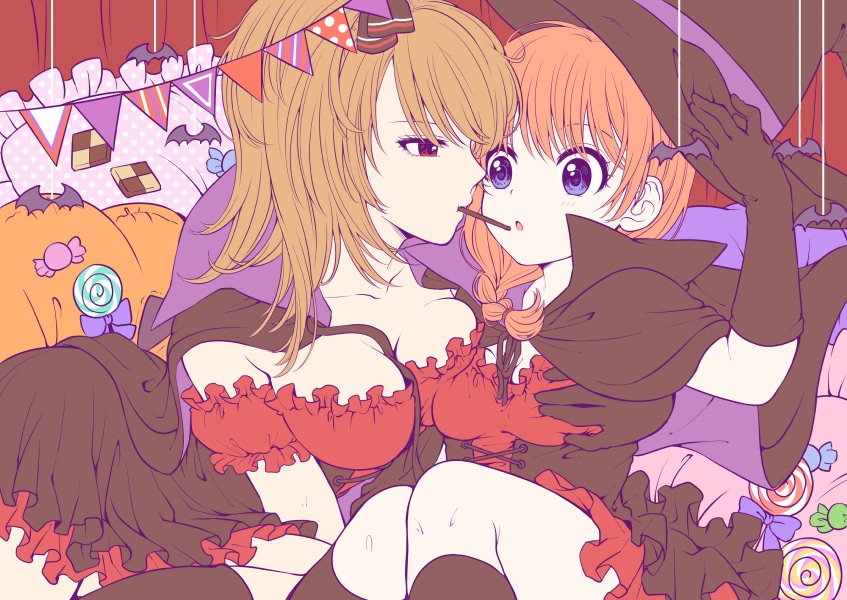 2girls alternate_costume blue_eyes blush braid braided_hair breast_grab breast_press breast_squish brown_hair candy canon_genderswap cape chawa_(chawawa) female female_only frills fully_clothed genderswap_(mtf) gintama halloween halloween_costume kagura_(gintama) light_brown_hair looking_at_another medium_breasts multiple_girls official_alternate_costume okita_sougo okita_souko orange_hair pale-skinned_female pale_skin pocky ponytail rule_63 side_ponytail small_breasts witch witch_hat yuri