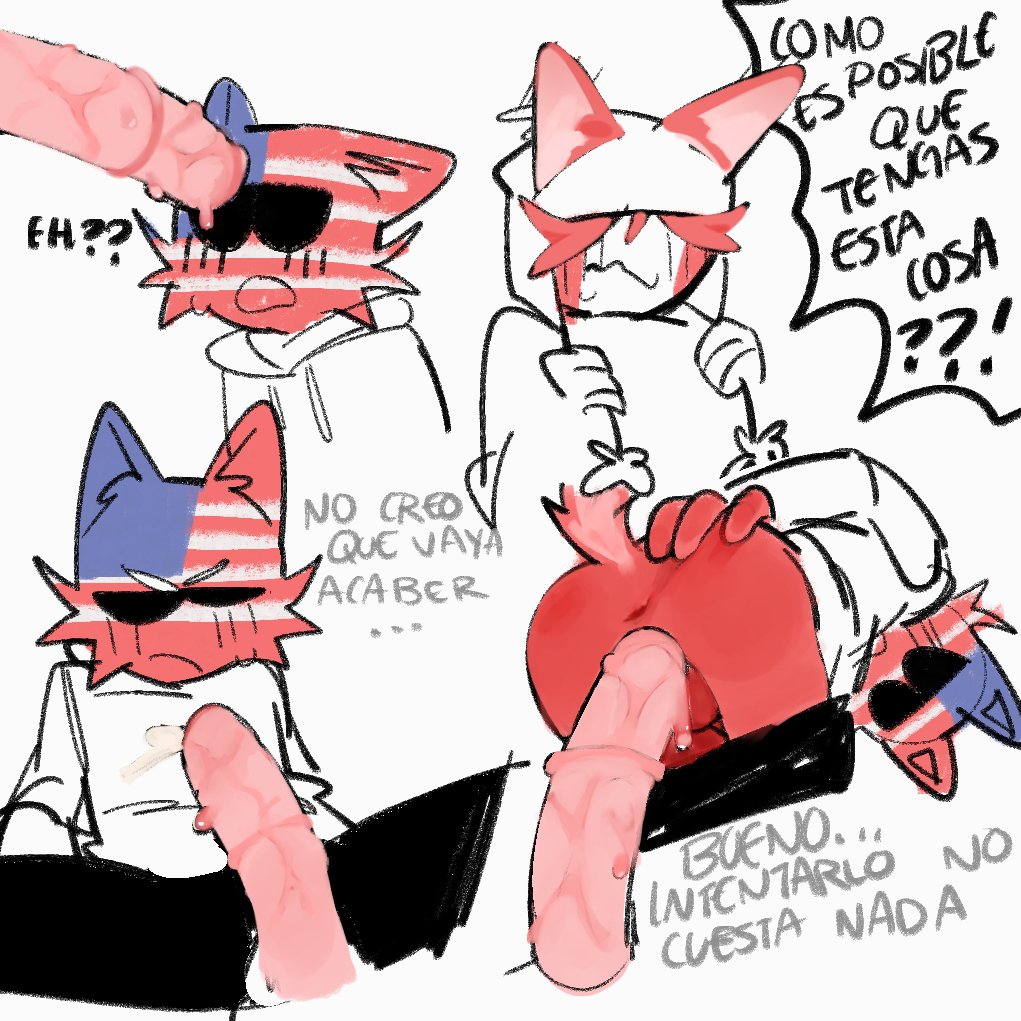 3boys ailewzol big_penis blush cat_ears catboy countryhumans dialogue hair_over_eyes headwear looking_back male peru_(countryhumans) questionable_consent red_body red_hair spanish_text stickman text translated united_states_of_america_(countryhumans)