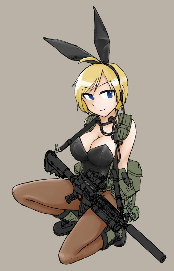 1girls ahoge assault_rifle blonde_hair blue_eyes boots breasts bunny_ears bunny_girl bunnysuit combat_boots dutchko female female_only gloves gun headgear kneeling_on_one_leg looking_at_viewer military pantyhose rifle short_hair simple_background smile solo suppressor