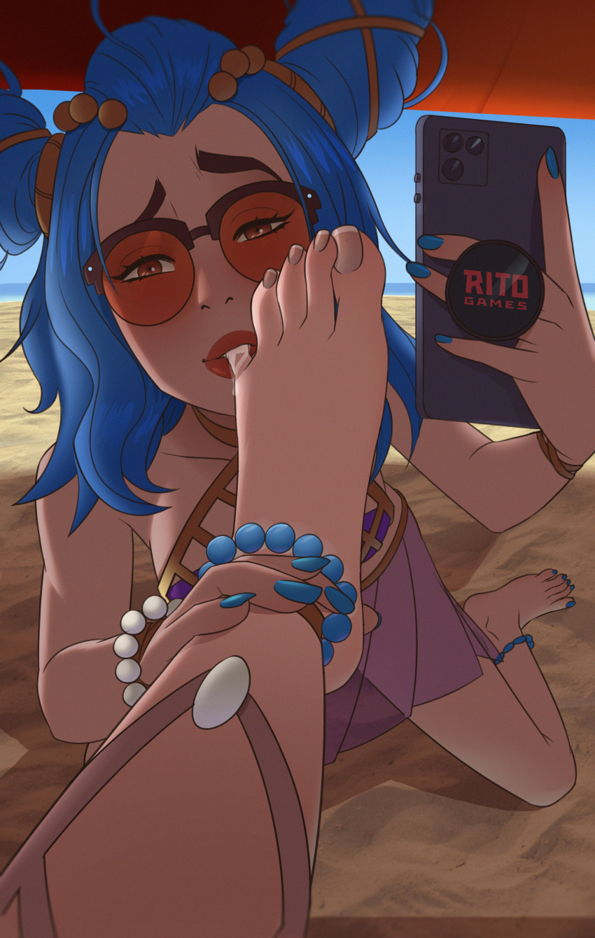 anklet ashe_(league_of_legends) barefoot beach beach_background blue_toenails cooling_off drooling filipina foot_fetish foot_worship league_of_legends lesbian mohoshadream ocean_song_ashe ocean_song_series ocean_song_zeri orange-tinted_eyewear pool_party_series red_lipstick selfie shade source_request sunglasses tinted_eyewear toe_sucking toenail_polish toes umbrella zeri_(league_of_legends)