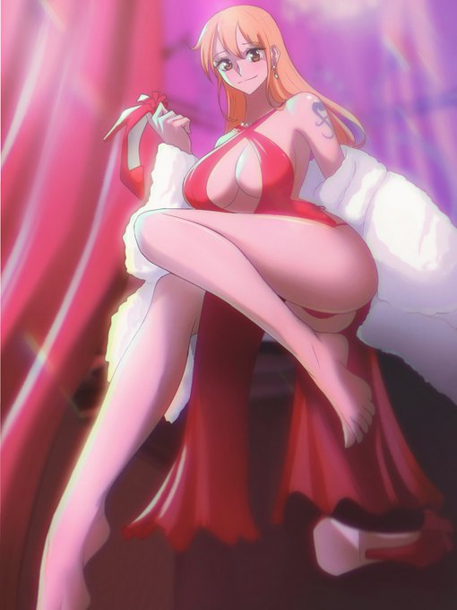 bare_shoulders barefoot brown_eyes earrings feet female female_only heels heels_removed holding_object looking_at_viewer looking_down nami no_bra one_leg_raised one_piece opalisart orange_hair post-timeskip red_dress red_heels red_panties tattoo thighs toes white_coat