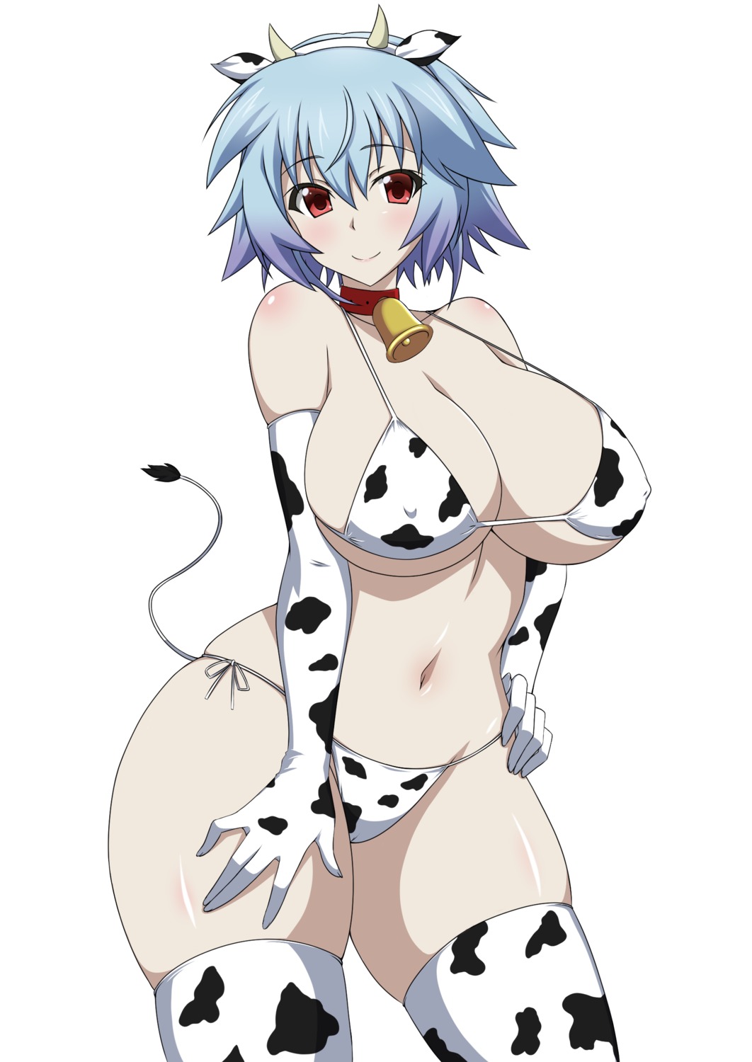 2021 arm_gloves big_breasts blue_hair blush collar cow_bell cow_bell_collar cow_ears cow_horns cow_print cow_print_bikini cow_print_gloves cow_print_thigh_highs cow_tail erect_nipples erect_nipples_under_bikini gloves hand_on_hip hand_on_own_hip hand_on_own_thigh hand_on_thigh hourglass_figure infinite_stratos looking_at_viewer red_eyes sarashiki_tatenashi short_blue_hair short_hair smiling smiling_at_viewer space_gorilla thick_thighs thigh_highs