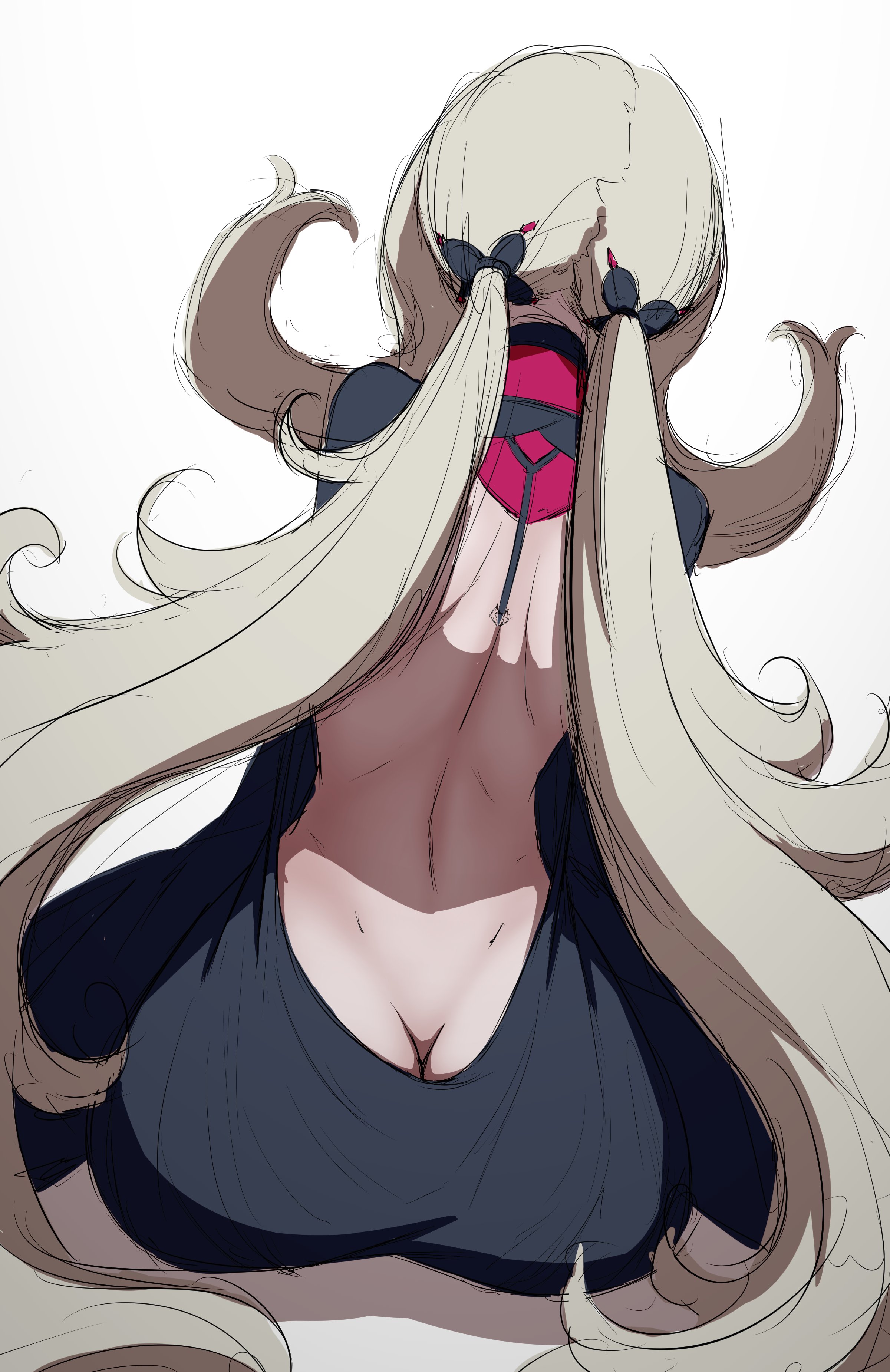 1girls, ass, ass cleavage, ass crack, ass focus, back, back view, bare back, big ass, big butt, black dress, bubble ass, bubble butt, butt crack, butt focus, clothed, clothed female, curly hair, dayyo (daydarion/day-chan), female, female only, from behind, ghost girl, human, light skin, light-skinned female, long hair, nijisanji, nijisanji en, reimu endou, solid color background, solo, solo focus, twintails, viewed from behind, virtual youtuber, white background, white hair