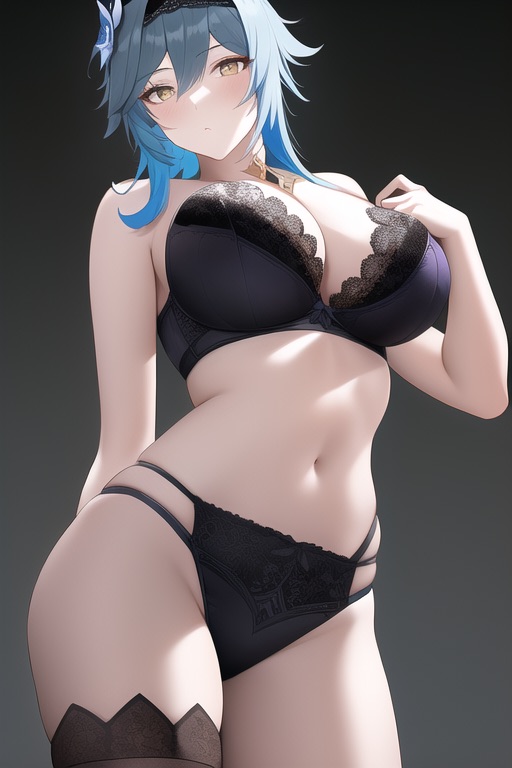 1girls, ai generated, blue hair, bra, breasts, cleavage, curvy, eula (genshin impact), female, female only, genshin impact, human, large breasts, light skin, light-skinned female, lingerie, nai diffusion, panties, solo female, stable diffusion, thick thighs, underwear, voluptuous, yellow eyes
