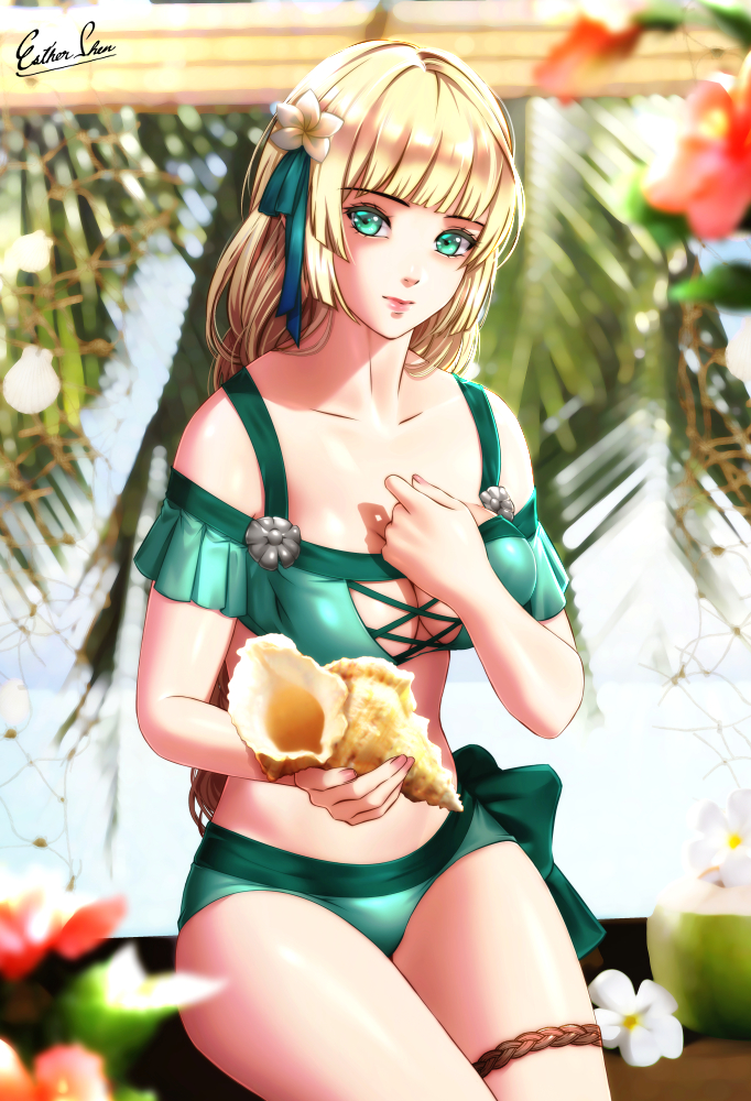 1girls alternate_costume bangs bare_shoulders bikini blonde_hair blunt_bangs collarbone commentary cowboy_shot esther-shen female female_only fire_emblem fire_emblem:_three_houses fire_emblem_heroes flower green_bikini green_eyes green_ribbons green_swimsuit hair_flower hair_ornament hair_ribbon ingrid_brandl_galatea ingrid_brandl_galatea_(summer) long_hair looking_at_viewer nintendo off-shoulder_bikini off_shoulder official_alternate_costume pink_lips revision ribbon sitting solo stomach swimsuit thigh_strap thighs very_long_hair white_flower