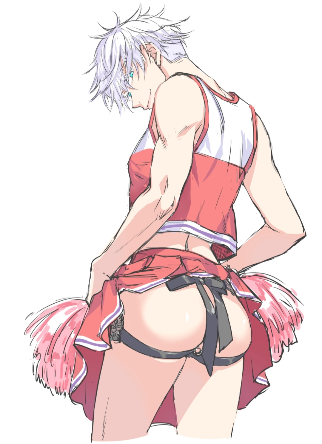 1boy, ass, ass focus, bishonen, blue eyes, cheerleader, cheerleader outfit, cheerleader uniform, crossdressing, femboy, feminine male, feminization, jujutsu kaisen, looking at viewer, male, male focus, male only, male penetrating, male penetrating male, satoru gojo, sissy, skirt, skirt lift, skirt up, smile, thick thighs, thong, twunk, white hair