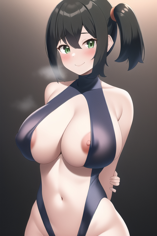 ai generated, asymmetrical hair, bangs, bare shoulders, black hair, blush, breasts, clavicle, cleavage, clothing, covered collarbone, curvaceous, ear, elbow gloves, female, female only, fingerless gloves, game freak, gloves, gradient, green eyes, gym leader, hair bun, highleg, highleg swimsuit, hips, huge breasts, kasumi (pokemon), large breasts, looking at viewer, misty (the electric tale of pikachu), nai diffusion, navel, nintendo, nipples, one-piece swimsuit, pokemon, pokemon (anime), pokemon (manga), pokemon rgby, ponytail, shiny, shiny clothes, shiny hair, short hair, side ponytail, simple background, sling swimsuit, smile, solo, stable diffusion, swimsuit, the electric tale of pikachu, thighs, tied hair, turtleneck, voluptuous