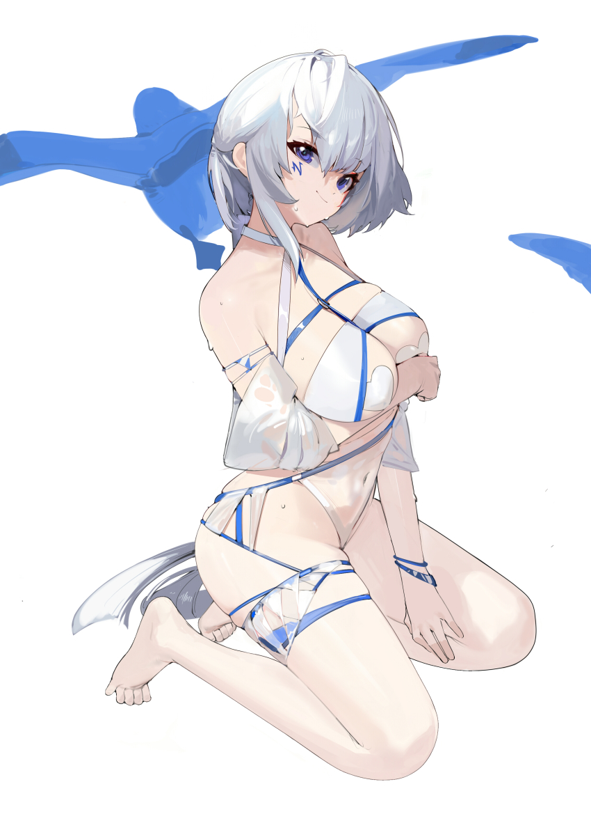 1girls absurdres barefoot bikini blue_eyes female female_only heart_pasties highres light-skinned_female light_skin looking_at_viewer navel pasties prossss sitting solo swimsuit wariza white_hair white_heart_pasties white_pasties