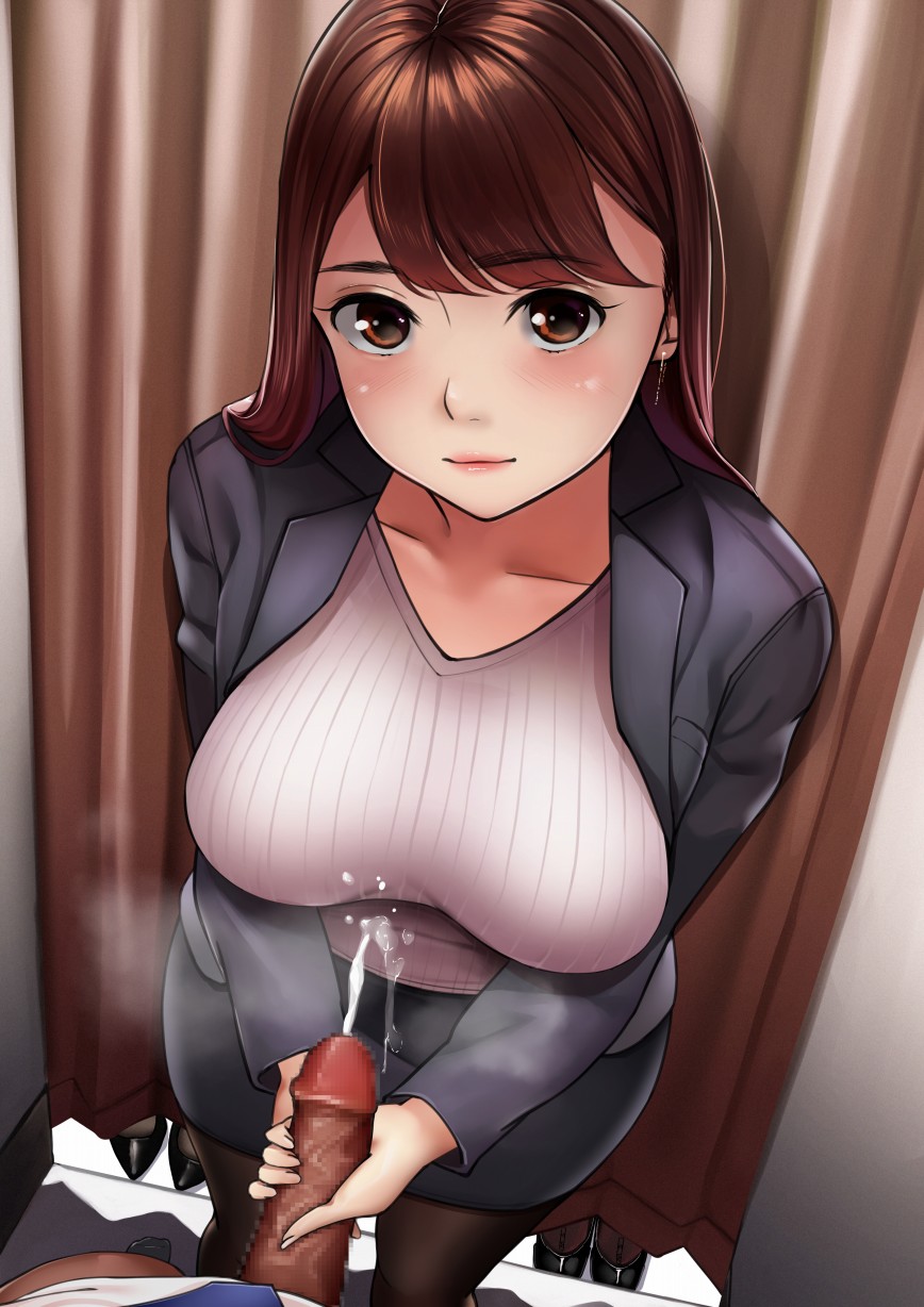 1boy1girl brown_eyes brown_hair cum cum_on_clothes curtain cute_face dressing_room ejaculation fully_clothed handjob hentaiboi27 hi_res orgasm pantyhose shoes skirt steam steaming_penis steamy_penis suit