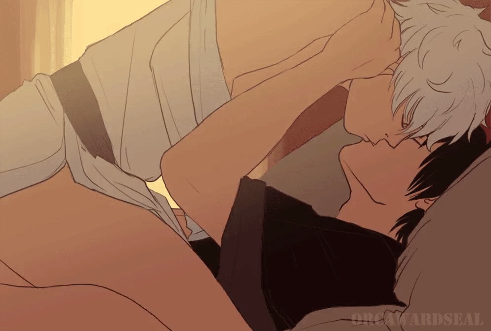 2boys animated animated black_hair closed_eyes clothed_sex cowgirl_position gay gintama gintoki_sakata hand_on_another's_head hijikata_toshiro implied_anal kimono kissing male male_only off_shoulder on_back orcawardseal passionate white_hair yaoi