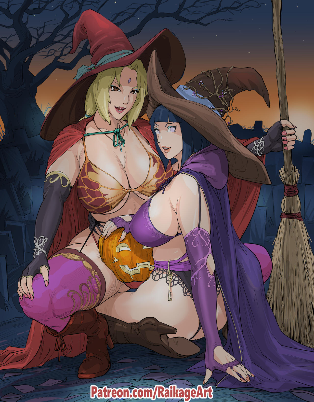 2022, 2girls, big breasts, blonde hair, boruto: naruto next generations, breasts, bulging breasts, erect nipples, female, female only, halloween, halloween costume, high heel boots, high heels, hyuuga hinata, looking at viewer, mature female, milf, naruto, naruto (classic), naruto (series), naruto shippuden, nipples, nipples visible through clothing, raikage art, sideboob, tagme, tsunade, twintails (hairstyle), uzumaki hinata, violet hair, witch hat