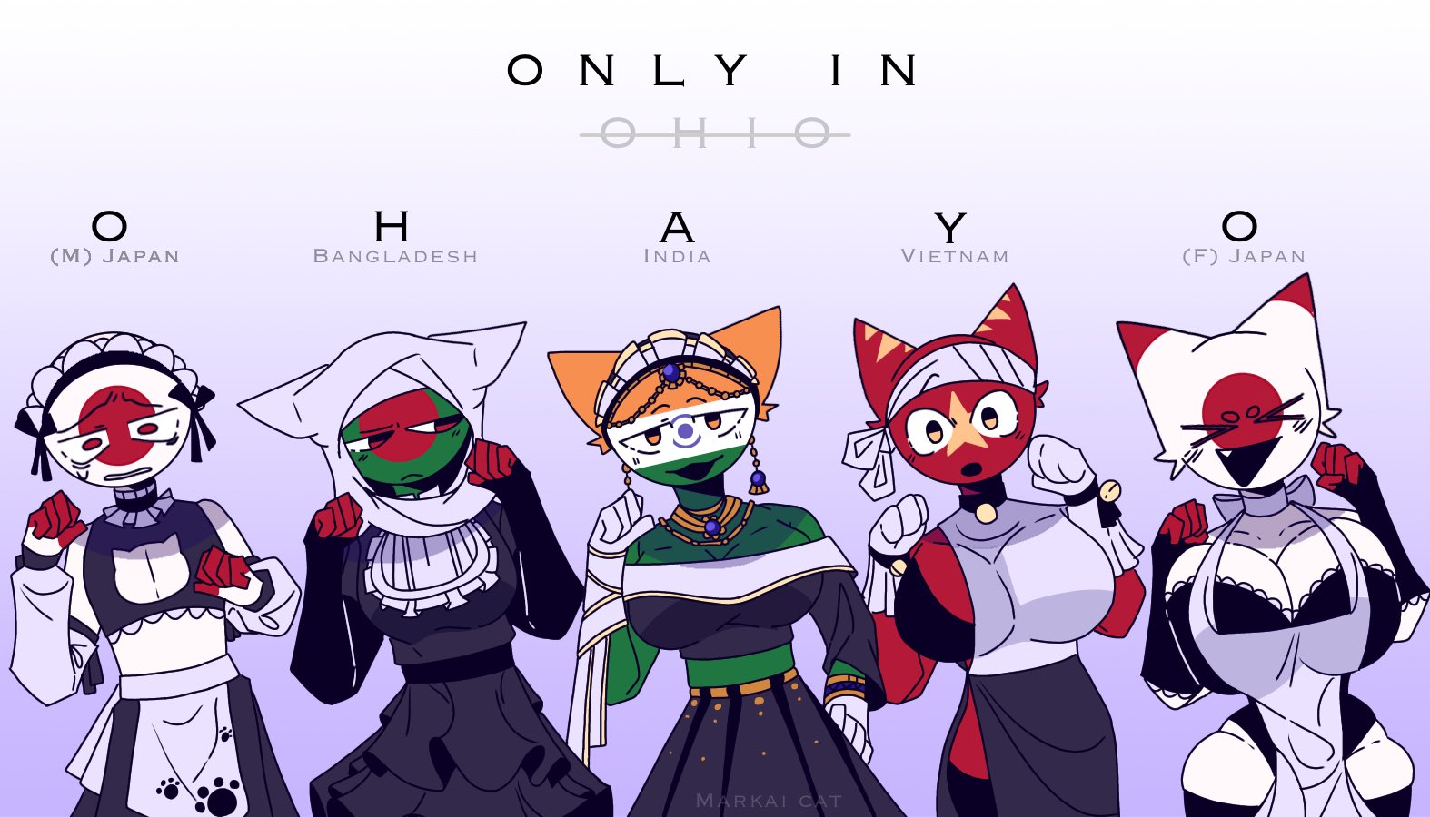 1boy, 4girls, anthro, bangladesh (countryhumans), cat ears, clothing, countryhumans, countryhumans girl, female, femboy, humor, india (countryhumans), japan (countryhumans), maid, maid uniform, male, markai cat, meme, ohayo, size comparison, vietnam (countryhumans)