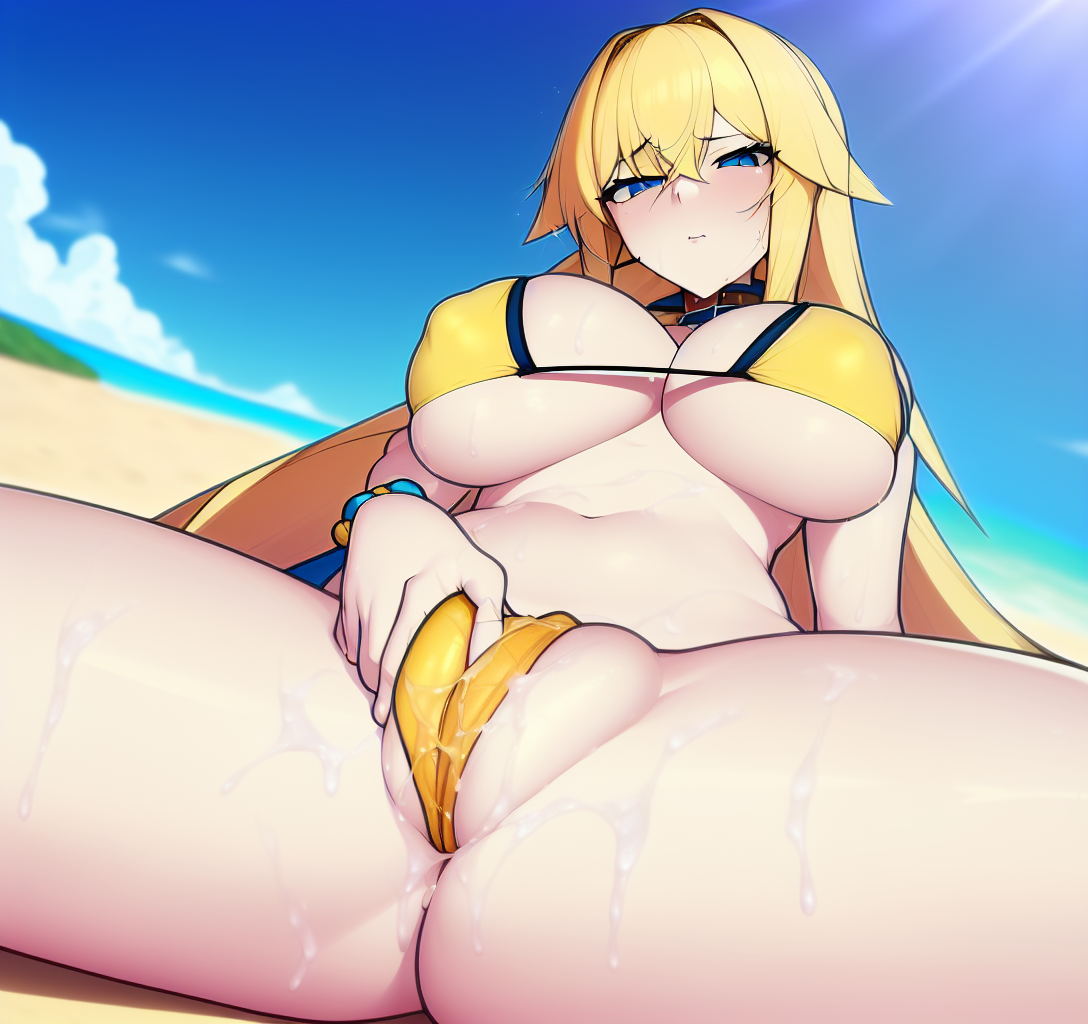 ai generated, beach, big breasts, breasts, female, nai diffusion, nipples visible through clothing, stable diffusion, yellow bikini