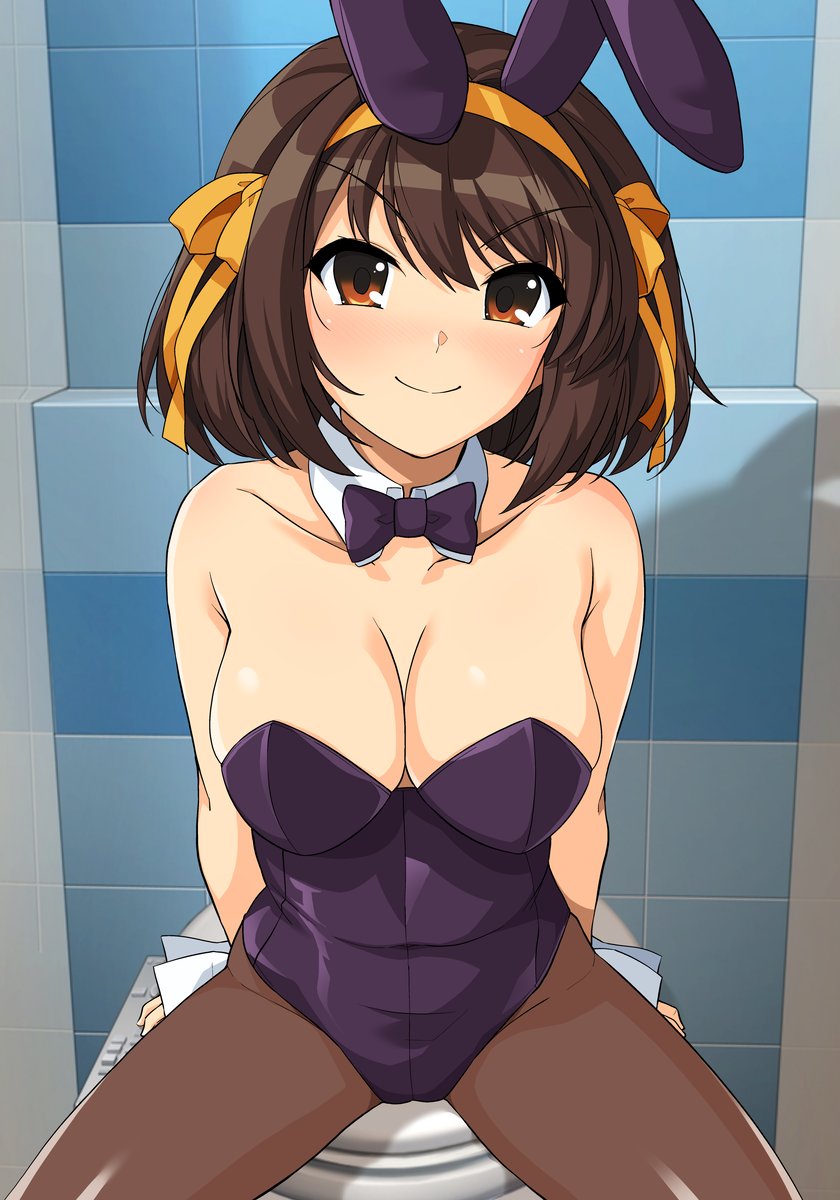 big breasts, blush, breasts, brown eyes, brown hair, bunny ears, bunny girl, bunnysuit, clothing, female, haruhisky, large breasts, looking at viewer, sitting, sitting on toilet, smile, suzumiya haruhi, suzumiya haruhi no yuuutsu, toilet
