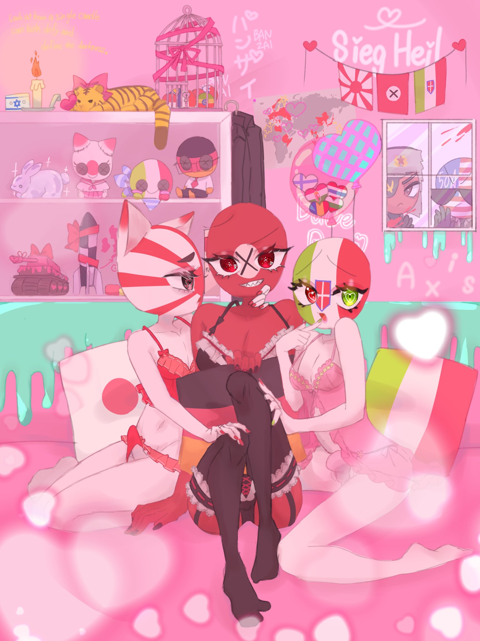 2boys, 3futas, ass, balls, breasts, countryhumans, countryhumans girl, dickgirl, dickgirl/dickgirl, fascist italy (countryhumans), female, female focus, futanari, germany (countryhumans), glasses, happy, intersex, italy (countryhumans), japan (countryhumans), japanese empire (countryhumans), male, nazi germany (countryhumans), penis, penis size difference, plushie, soviet union (countryhumans), underboob, underwear, united states of america (countryhumans)