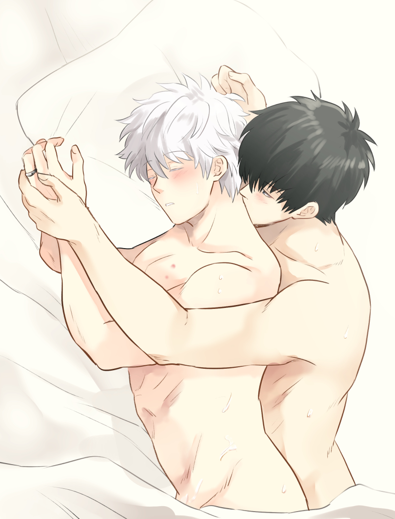 2boys after_sex black_hair blanket blush gay gintama gintoki_sakata hand_holding hickey hijikata_toshiro in_bed male male_only married_couple natsugin77 nude on_bed on_side sleeping spooning sweat wedding_ring white_hair wholesome yaoi