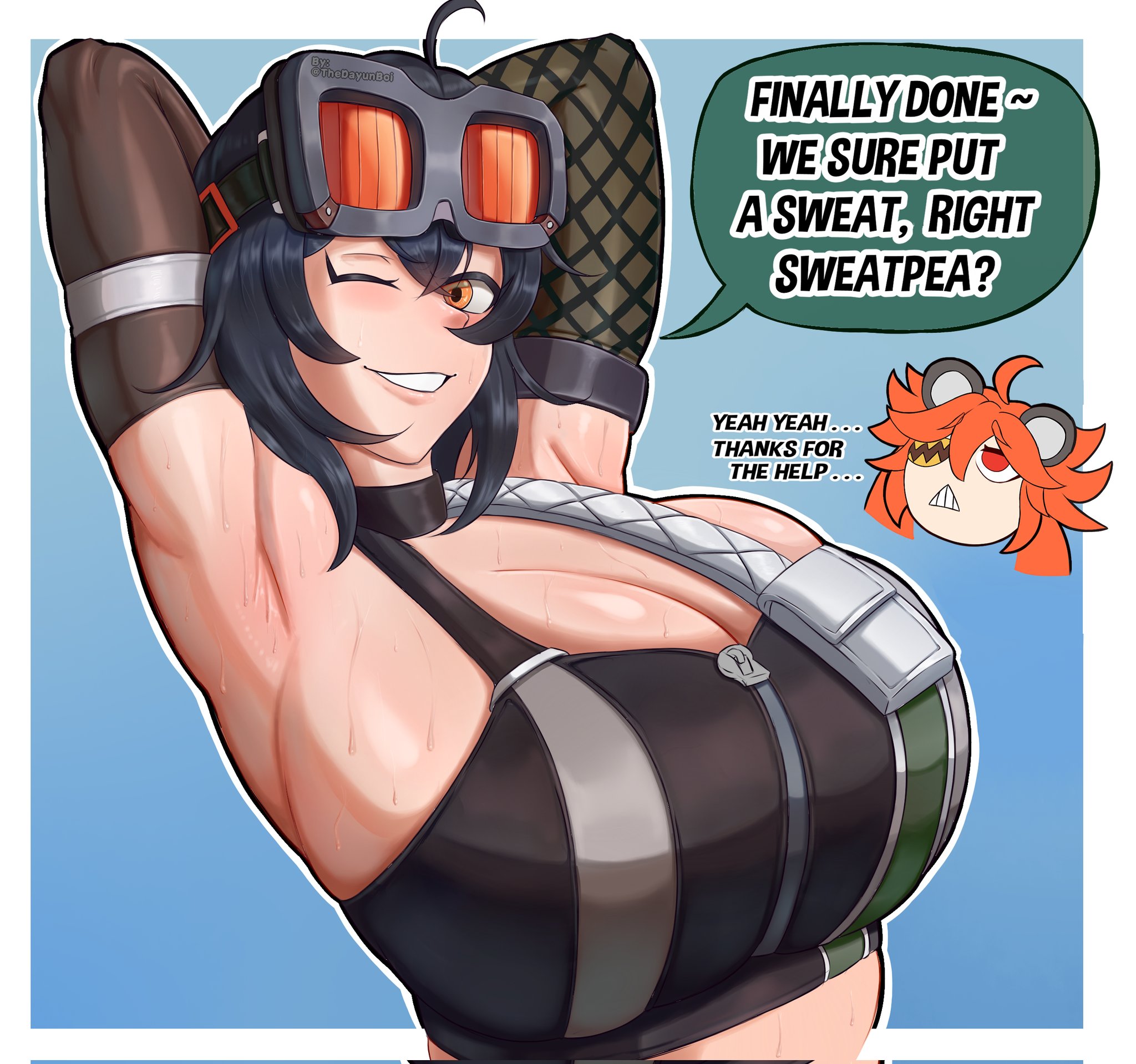 2girls, adoptive siblings, armpits, arms behind head, black hair, breasts, cleavage, dialogue, eyepatch, female, female only, goggles, goggles on head, grace howard, huge breasts, koleda belobog, large breasts, low ponytail, orange eyes, orange hair, pale skin, pale-skinned female, ponytail, red eyes, sister (lore), sisters, speech bubble, thedayunboi, zenless zone zero