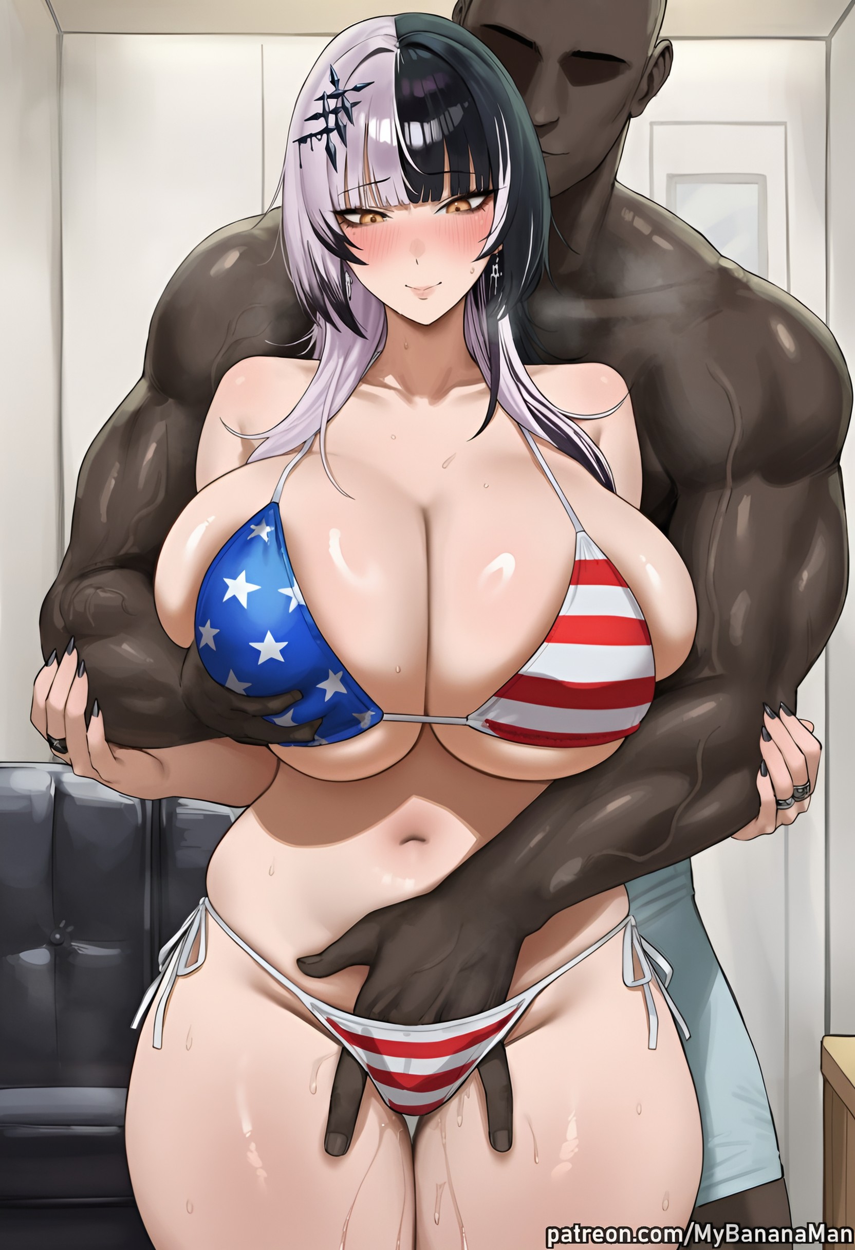 1boy, ai generated, alternate breast size, american flag bikini, bikini, black hair, black nails, blush, breasts, casting couch, cheating, cleavage, closed mouth, collarbone, couch, cuckold, curvy, curvy female, curvy figure, dark skin, dark-skinned male, earrings, erect penis, faceless, faceless male, female, female focus, fingering, flag print, goth, goth girl, grabbing, grabbing another's breast, grabbing from behind, grey hair, groping, hair ornament, hololive, hololive english, hololive english -advent-, huge breasts, huge cock, interracial, jewelry, large breasts, large penis, long hair, looking at viewer, male, massive breasts, multicolored hair, muscular, muscular male, mybananaman, navel, netorare, ntr, penis, pussy juice, reach-around, ring, shiny skin, shiori novella, side-tie bikini bottom, smile, solo focus, split-color hair, stomach, straight, sweat, sweaty, swimsuit, thighs, two-tone hair, virtual youtuber, white hair, yellow eyes