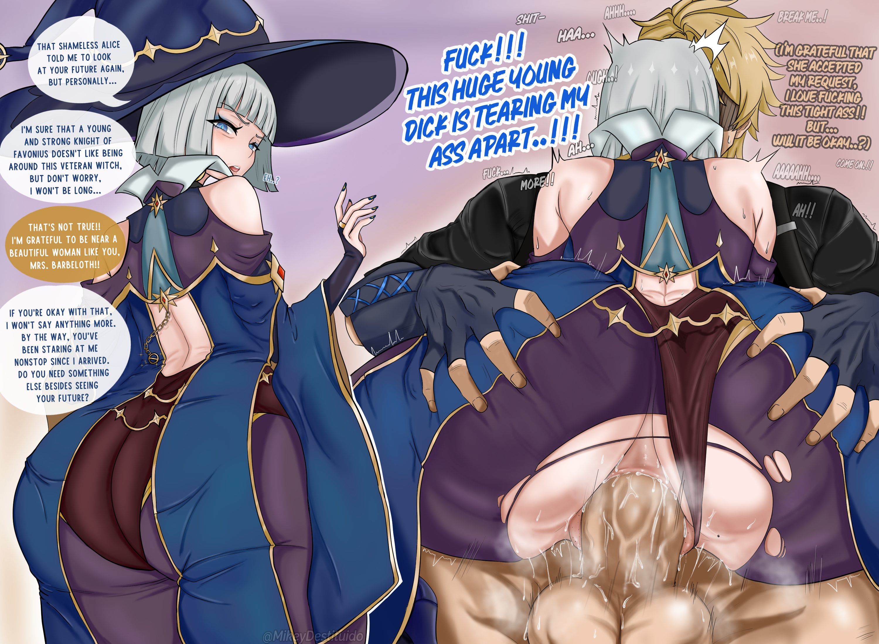 1boy, anal, anal grip, anal only, anal sex, ass, ass focus, ass grab, back view, barbeloth (genshin impact), english dialogue, english text, faceless male, female, genshin impact, grabbing ass, hoyoverse, huge ass, huge cock, leotard aside, looking at viewer, mature female, mihoyo, mikeydestituido, mole on ass, penis, ripped clothing, ripped pantyhose, straight, text, upright straddle, varka (genshin impact), voluptuous female, witch hat