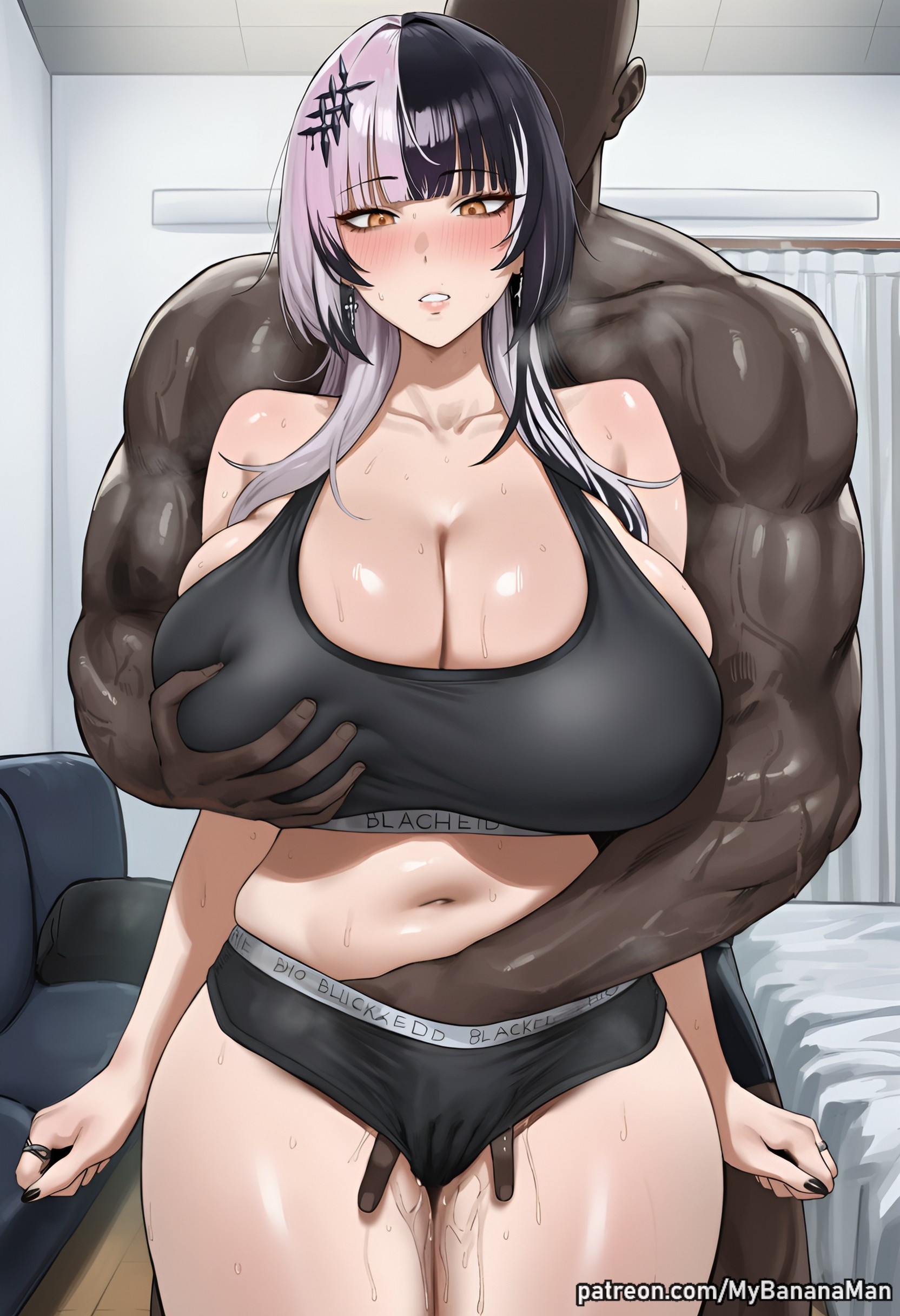 1boy, 1girls, ai generated, alternate breast size, american flag bikini, bikini, black hair, black nails, black panties, black sports bra, blacked, blacked clothing, blush, breast grab, breasts, casting couch, cheating, cleavage, collarbone, couch, cuckold, curvy, curvy female, curvy figure, dark skin, dark-skinned male, erect penis, faceless, faceless male, female, female focus, fingering, goth, goth girl, grabbing, grabbing another's breast, grabbing breasts, grabbing from behind, grey hair, groping, hair ornament, hand in another's panties, hand in panties, hololive, hololive english, hololive english -advent-, huge breasts, huge cock, indoors, interracial, jewelry, large breasts, large penis, long hair, looking at viewer, male, massive breasts, multicolored hair, muscular, muscular male, mybananaman, navel, netorare, ntr, panties, parted lips, penis, pussy juice, ring, shiny skin, shiori novella, solo focus, split-color hair, sports bra, stomach, straight, sweat, sweaty, thighs, two-tone hair, underwear, virtual youtuber, white hair, yellow eyes