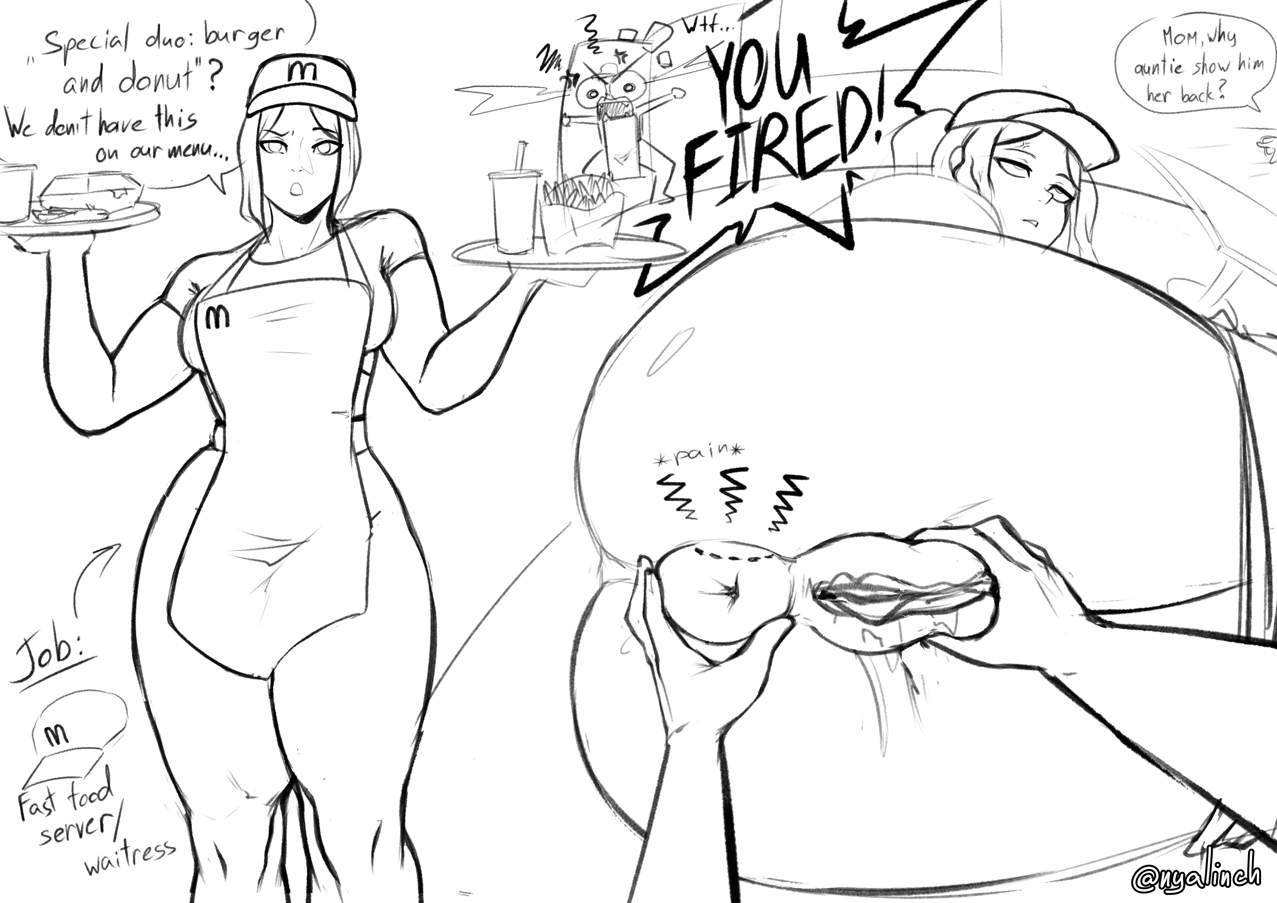 2koma, big ass, donut anus, english text, fingering, fingering ass, fingering pussy, grabbing pussy, meowlinch, meowlinch oc, monochrome, ponytail, pussy juice, pussy juice drip, sketch, thick thighs, thighs, waitress, waitress uniform