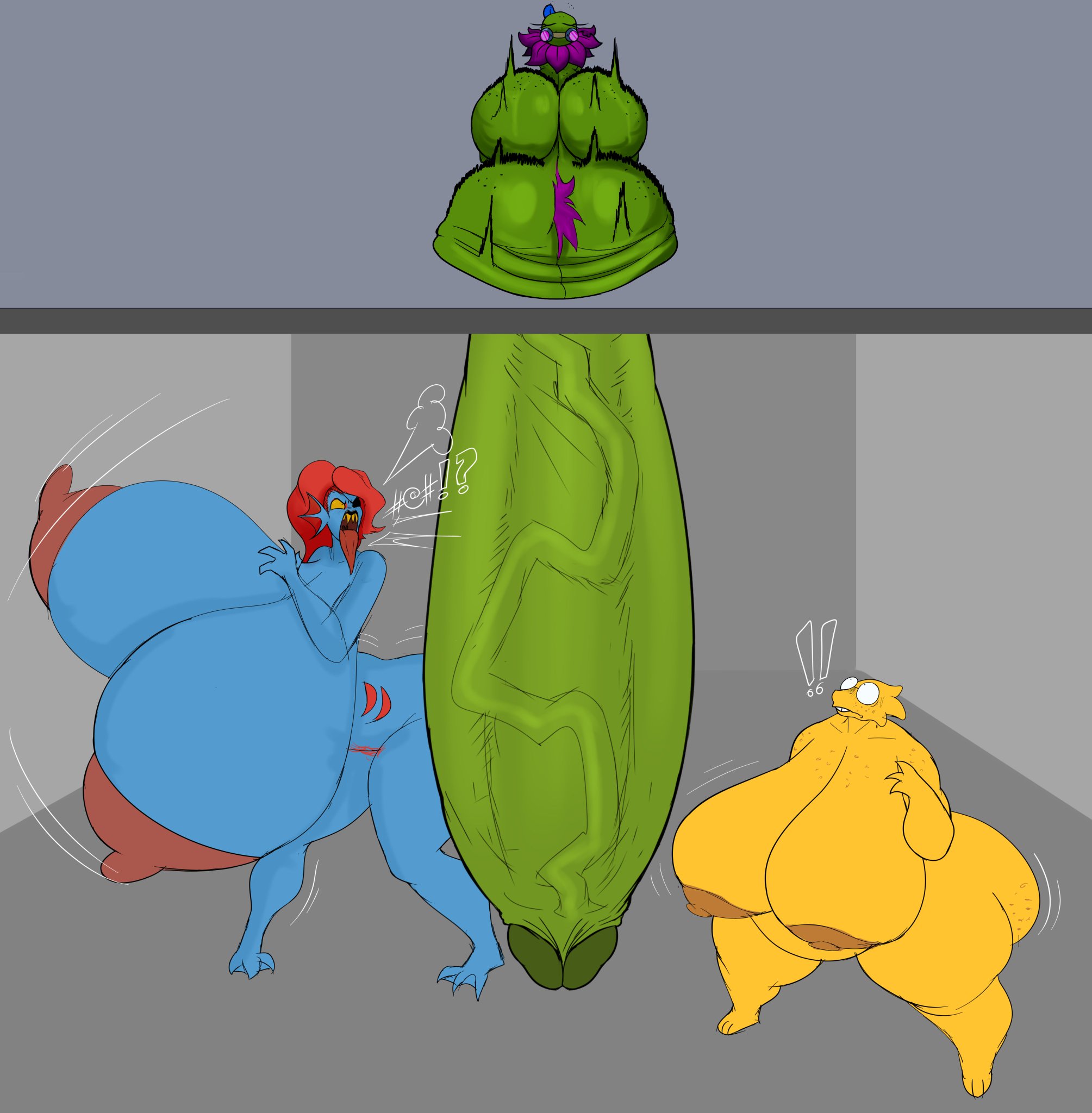 2026, 2girls, alien humanoid, alphys, angry, bbw, blue body, breasts bigger than head, cock, disgusted, feitadenectar, green body, huge ass, huge balls, huge breasts, hyper, hyper balls, hyper breasts, hyper cock, hyper genitalia, hyper penis, hyper runt, imminent sex, intrusion, lesbian couple, monster cock, oc, orientation play, original character, penis, plant humanoid, shocked, shocked expression, small but hung, undertale, undertale (series), undyne, yellow body
